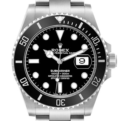 The Rolex Submariner 126610 Men's Stainless Steel Black Dial watch is shown from the front, displaying the dial, bezel, crown, and part of the bracelet.