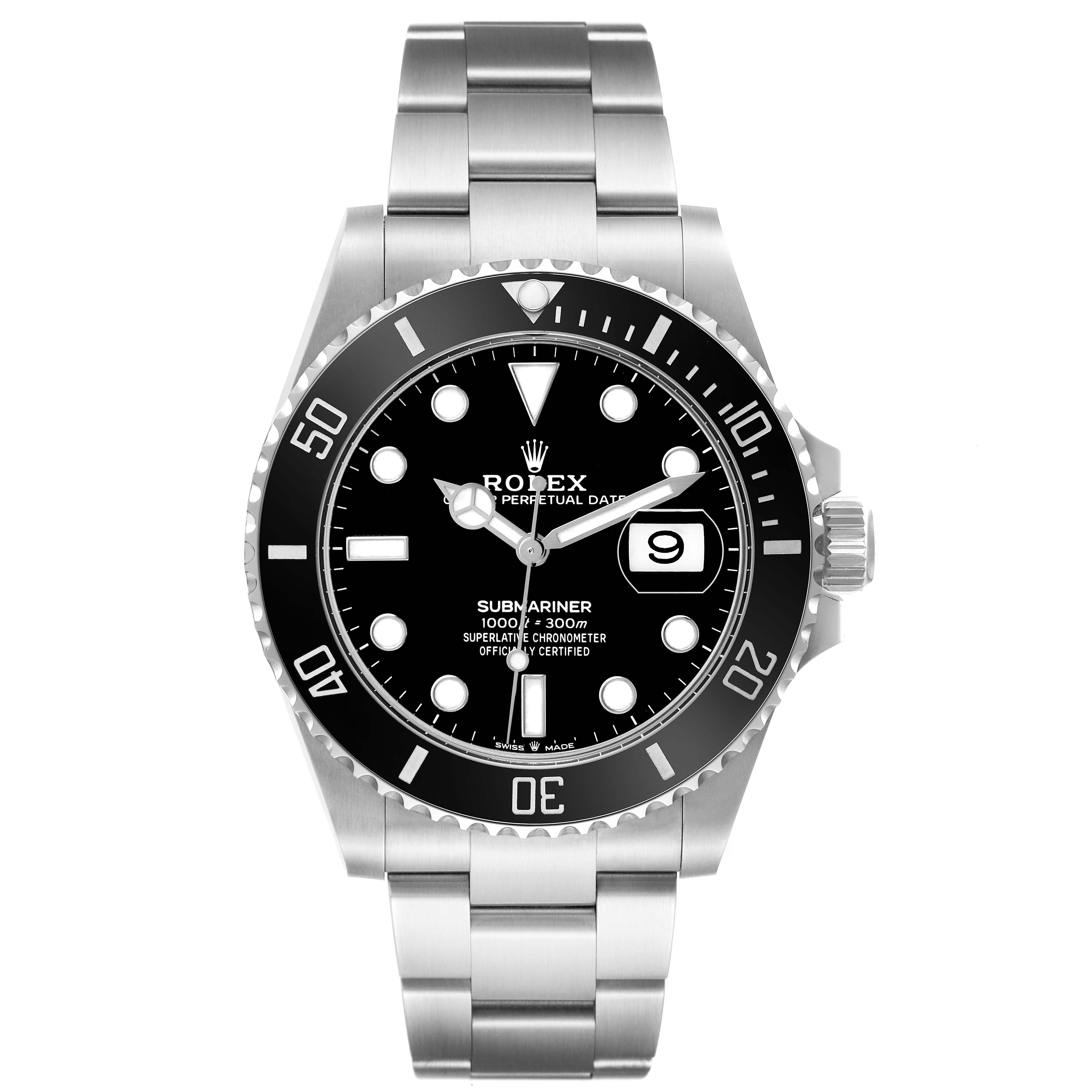 The Rolex Submariner 126610 Men's Stainless Steel Black Dial watch is shown from a front angle, displaying the dial, bezel, and bracelet.