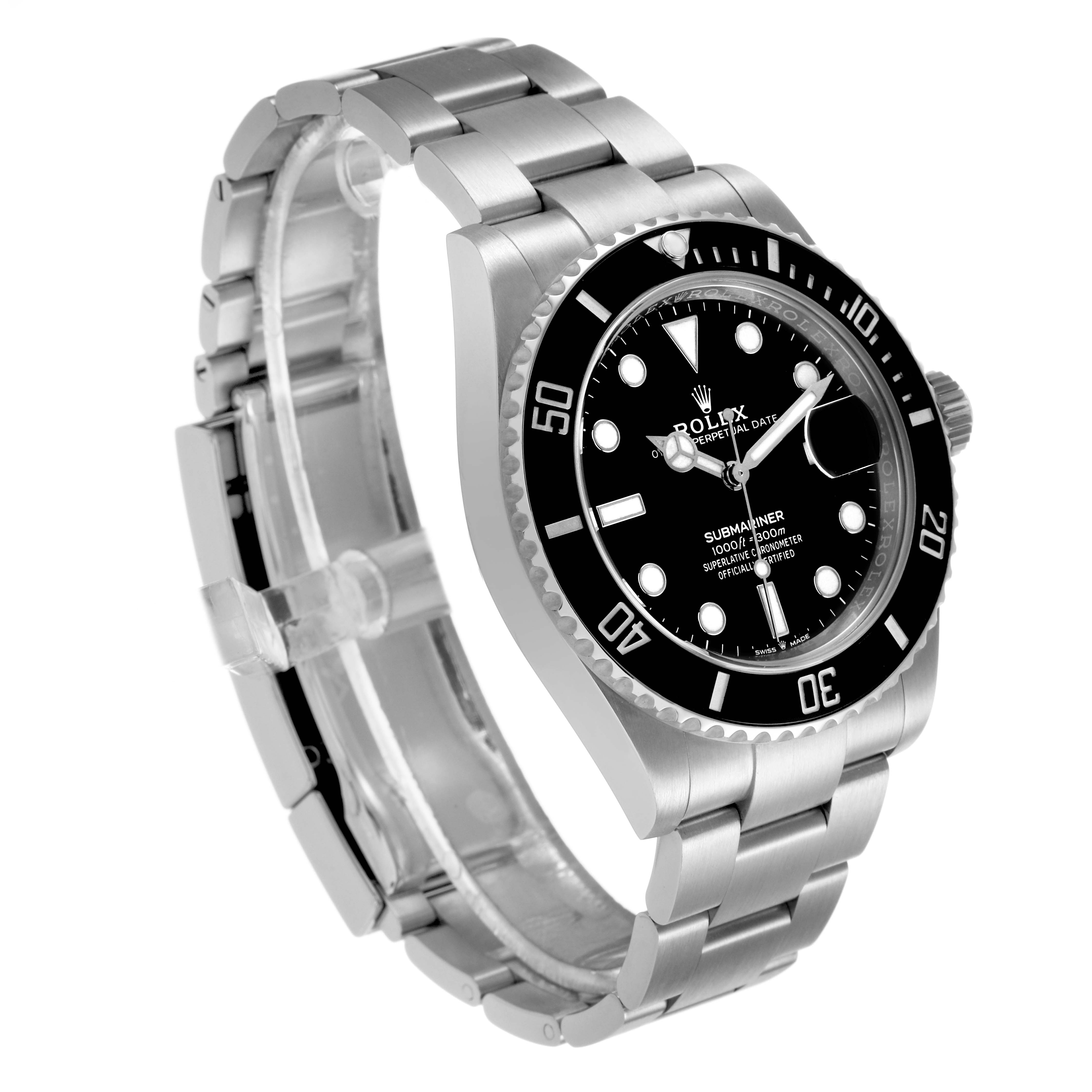 The Rolex Submariner 126610 Men's Stainless Steel Black Dial watch is shown at a three-quarter angle, highlighting the bezel, dial, and bracelet.