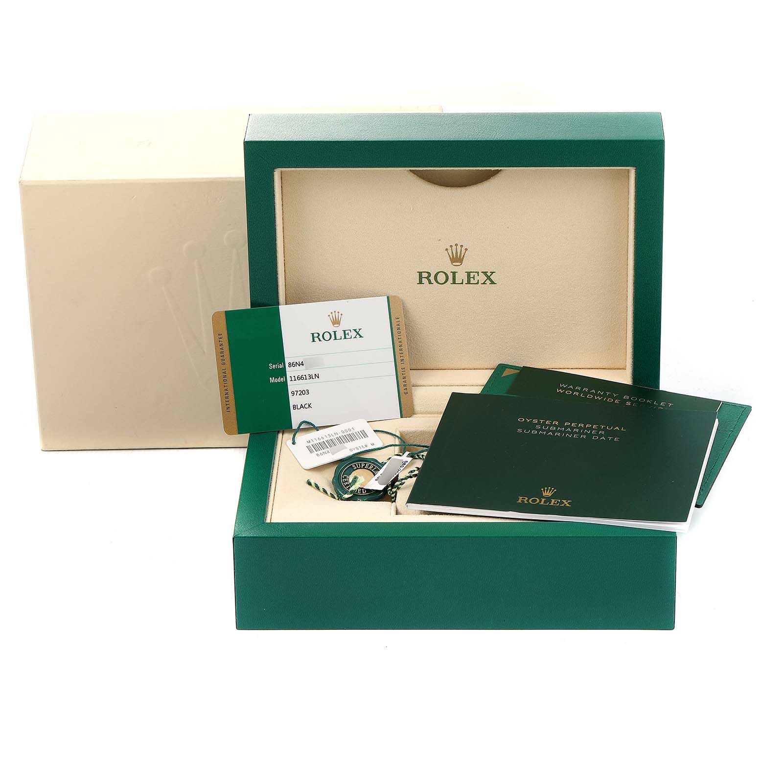 The image shows the packaging, warranty cards, and booklets for a Rolex Submariner 116613 Men
s Steel and Gold (two tone) Black Dial 116613 Men
s Steel and Gold (two tone) Black Dial watch.