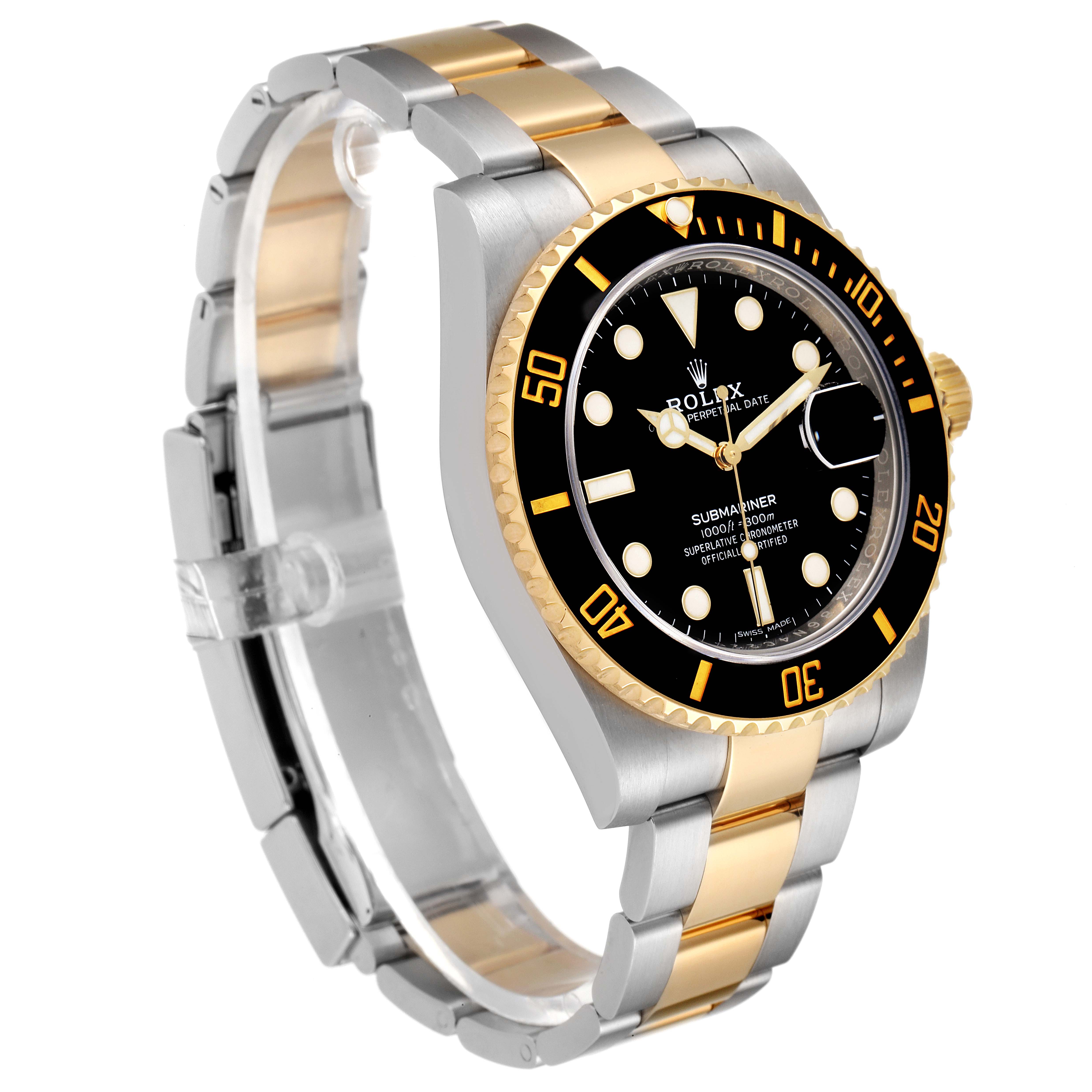 The image shows a Rolex Submariner 116613 Men
s Steel and Gold (two tone) Black Dial 116613 Men
s Steel and Gold (two tone) Black Dial watch from a side angle, highlighting its black dial, two-tone bracelet, and rotatable bezel.
