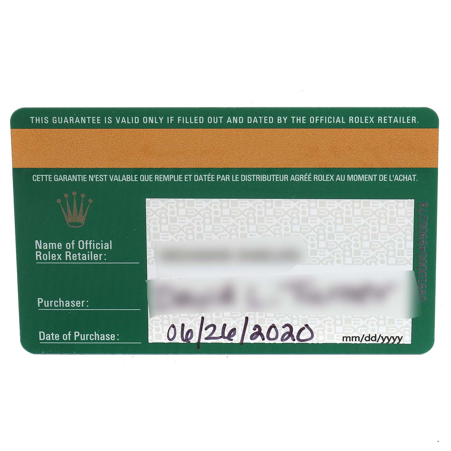 This image shows the warranty card for a Rolex Submariner 116613 Men
s Steel and Gold (two tone) Black Dial 116613 Men
s Steel and Gold (two tone) Black Dial, providing purchase details and dealer information.