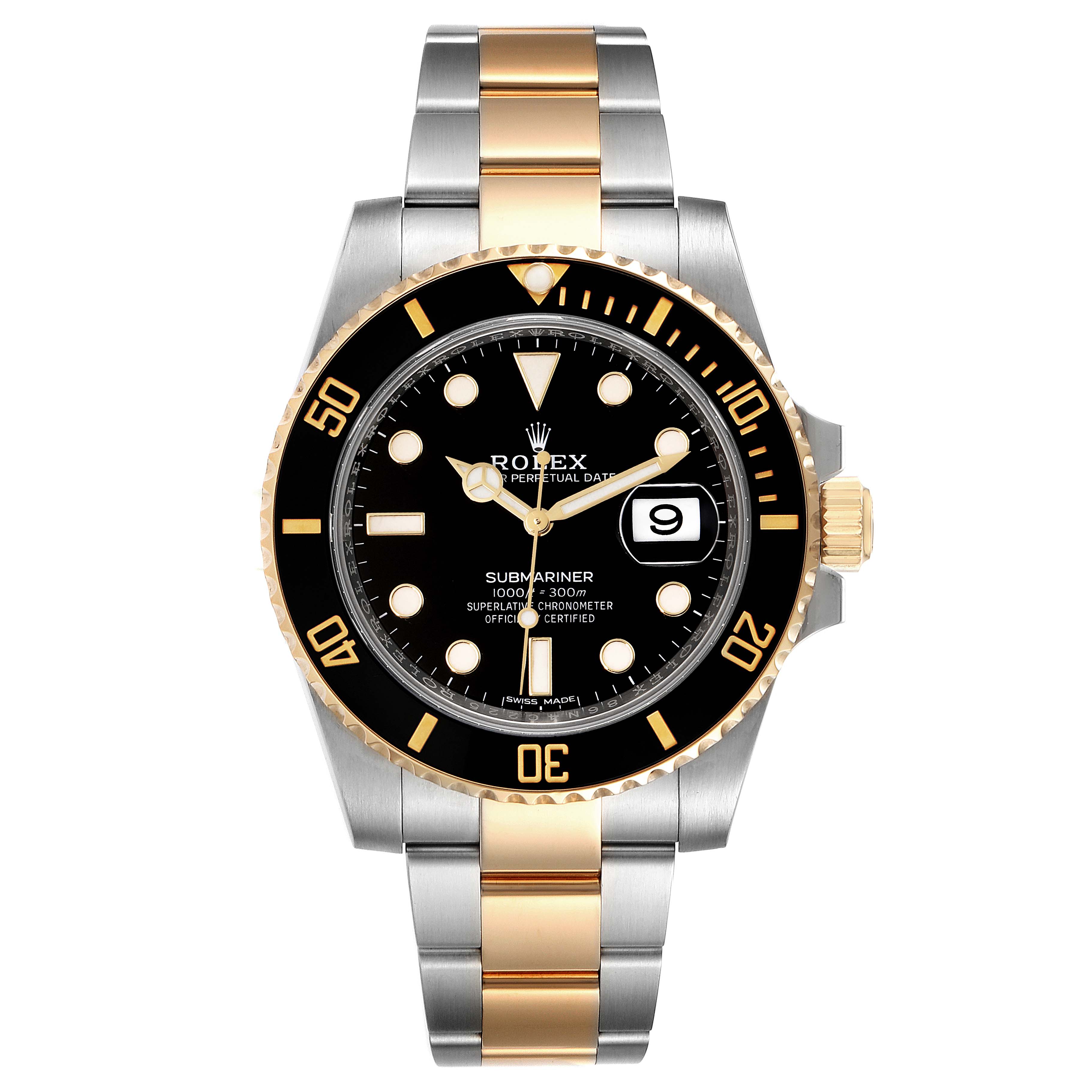 The Rolex Submariner 116613 Men
s Steel and Gold (two tone) Black Dial 116613 Men
s Steel and Gold (two tone) Black Dial watch is shown from a front angle, displaying its black dial, two-toned bracelet, and bezel.
