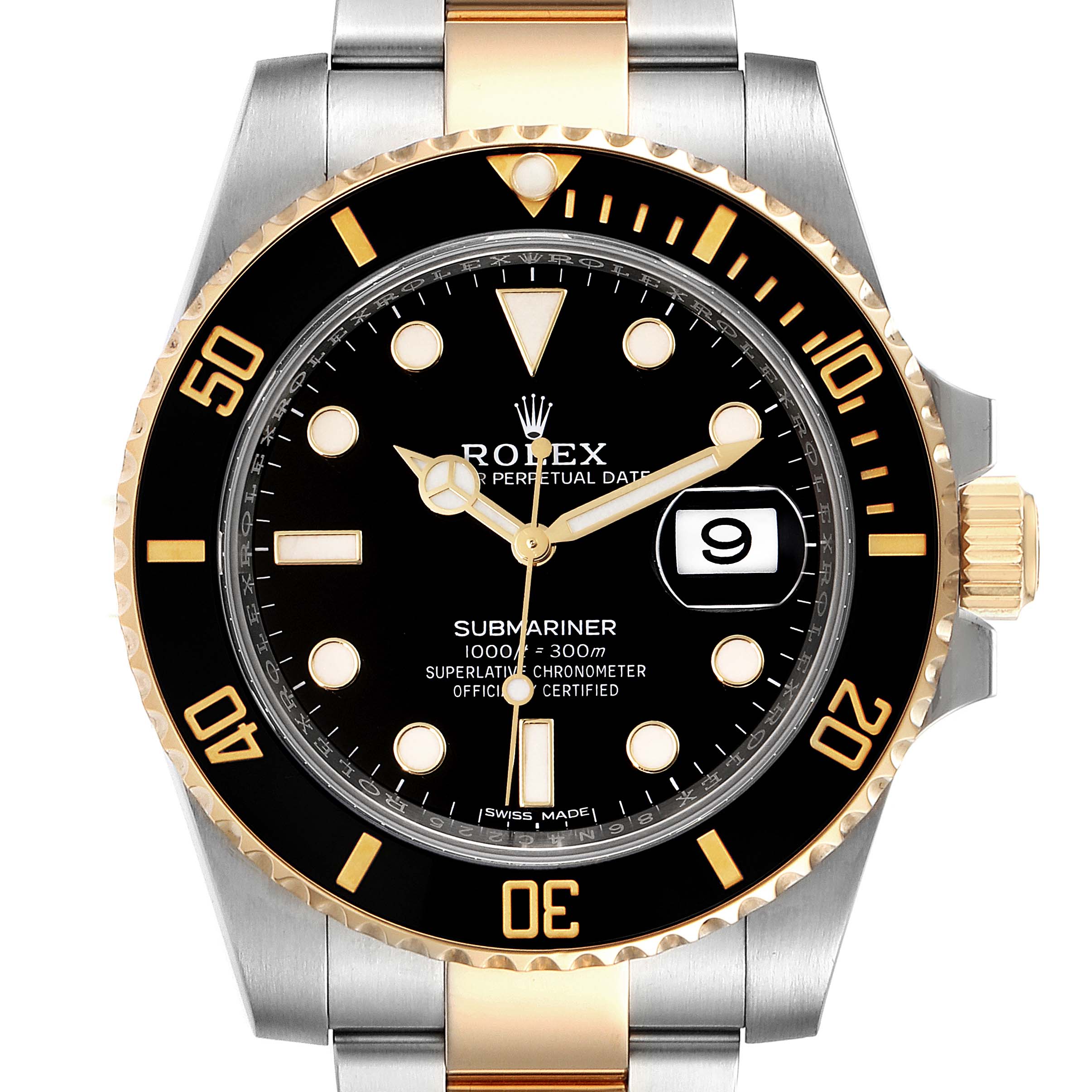 The image shows a front view of a Rolex Submariner 116613 Men
s Steel and Gold (two tone) Black Dial 116613 Men
s Steel and Gold (two tone) Black Dial watch, highlighting its dial, bezel, bracelet, and date window.