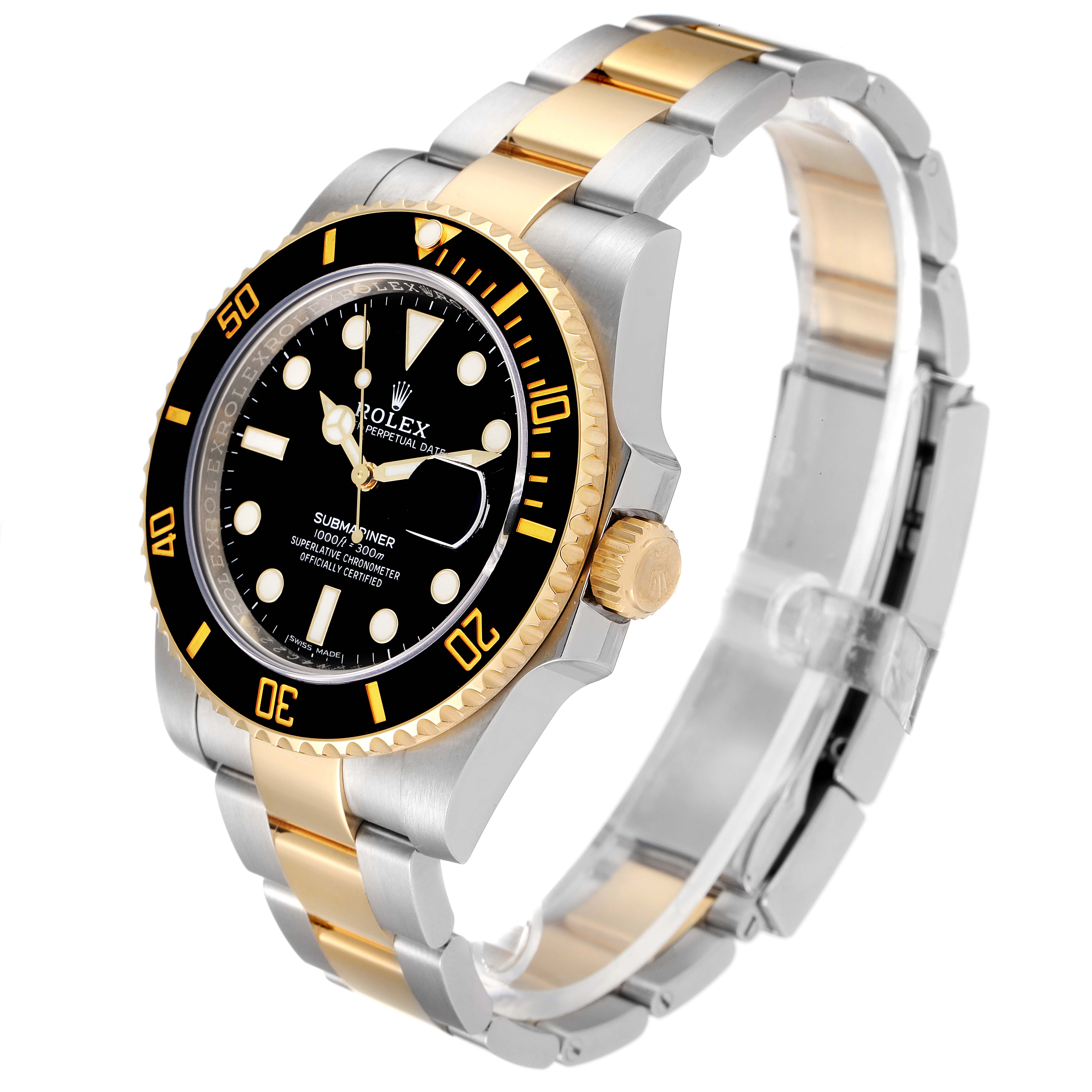 This image shows a Rolex Submariner 116613 Men
s Steel and Gold (two tone) Black Dial 116613 Men
s Steel and Gold (two tone) Black Dial wristwatch at a three-quarter angle, highlighting the dial, bezel, and bracelet.