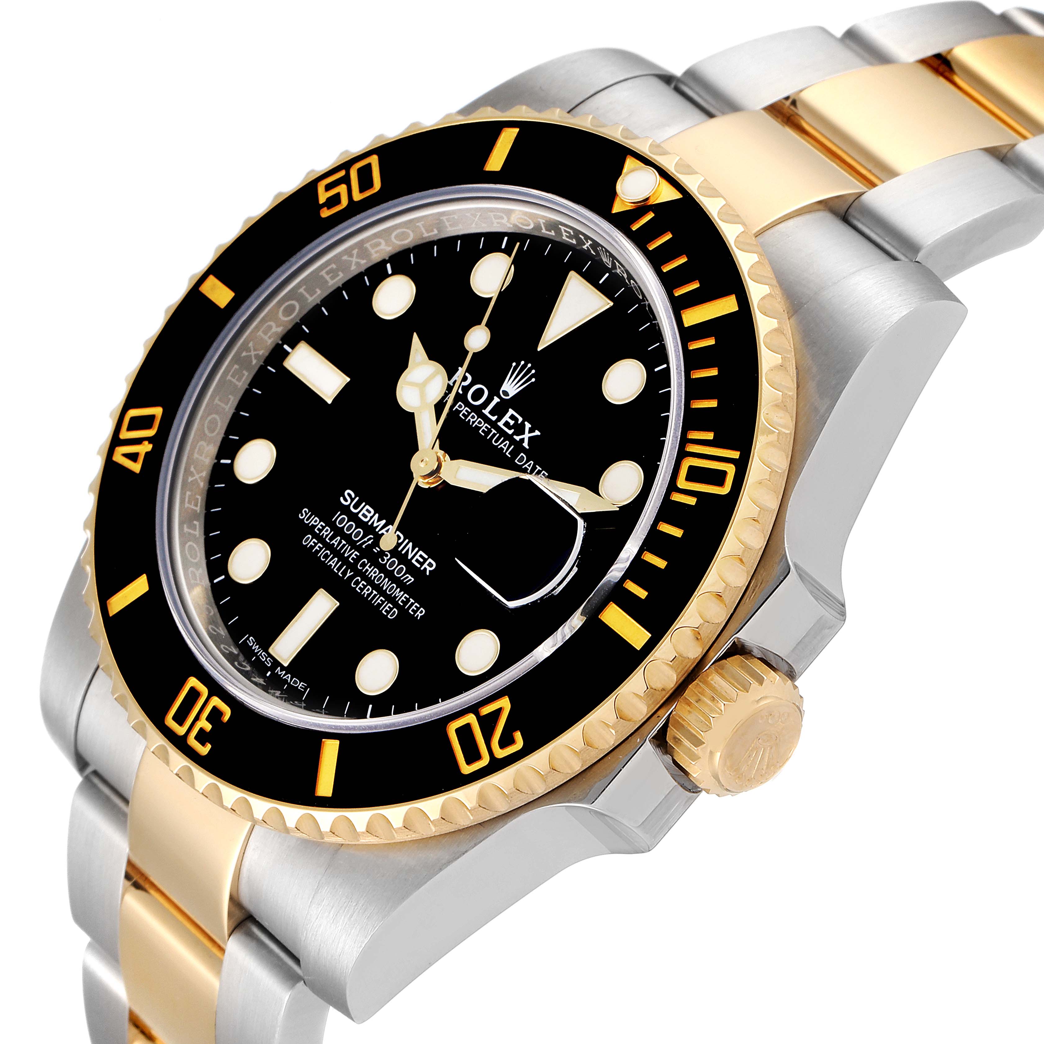 The image shows a close-up angle of the dial and bezel of a Rolex Submariner 116613 Men
s Steel and Gold (two tone) Black Dial 116613 Men
s Steel and Gold (two tone) Black Dial, highlighting its black and gold color scheme.