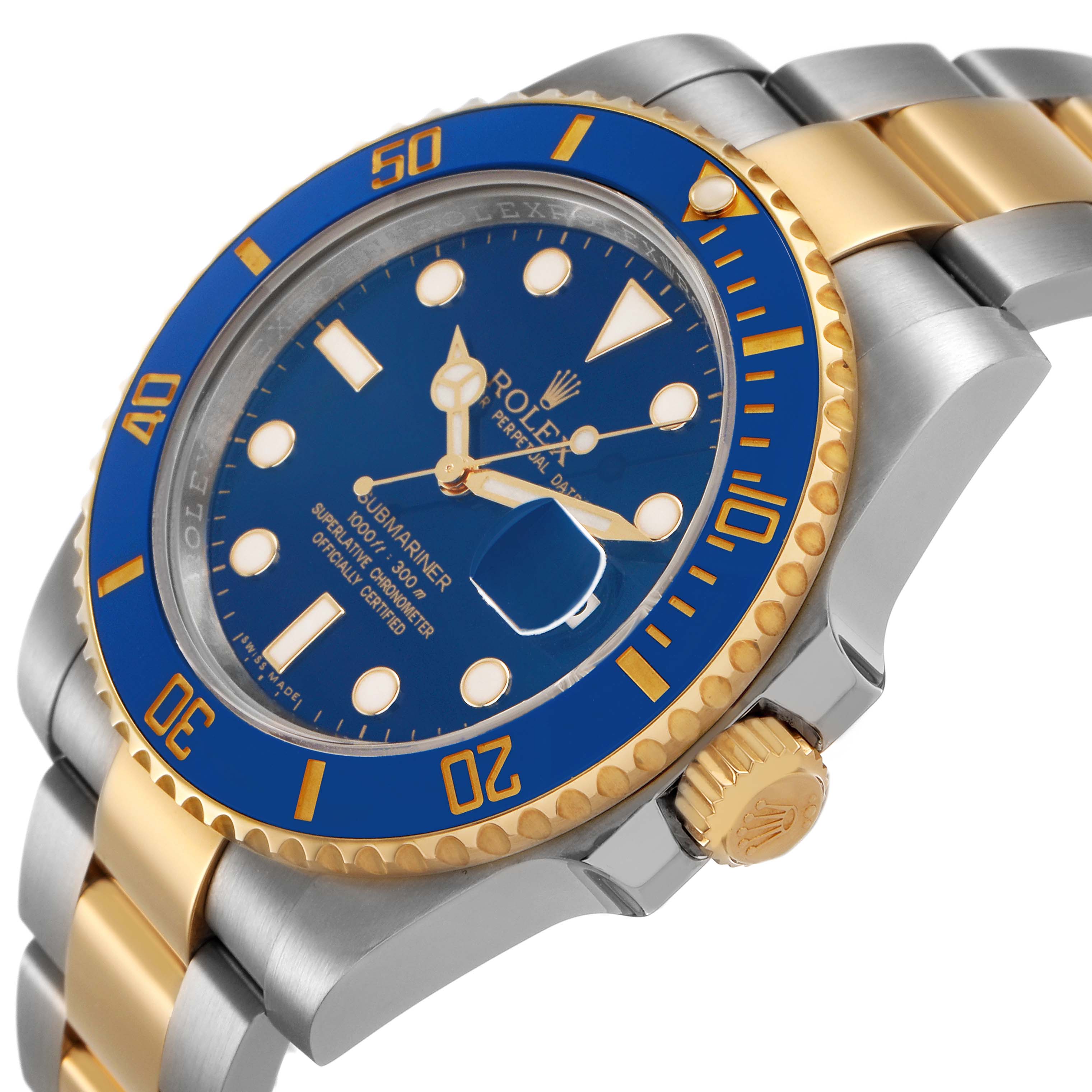 The Rolex Submariner 116613 Men's Steel and Gold (two tone) Blue Dial watch is shown from a side angle, highlighting its blue bezel, dial, and two-tone bracelet.