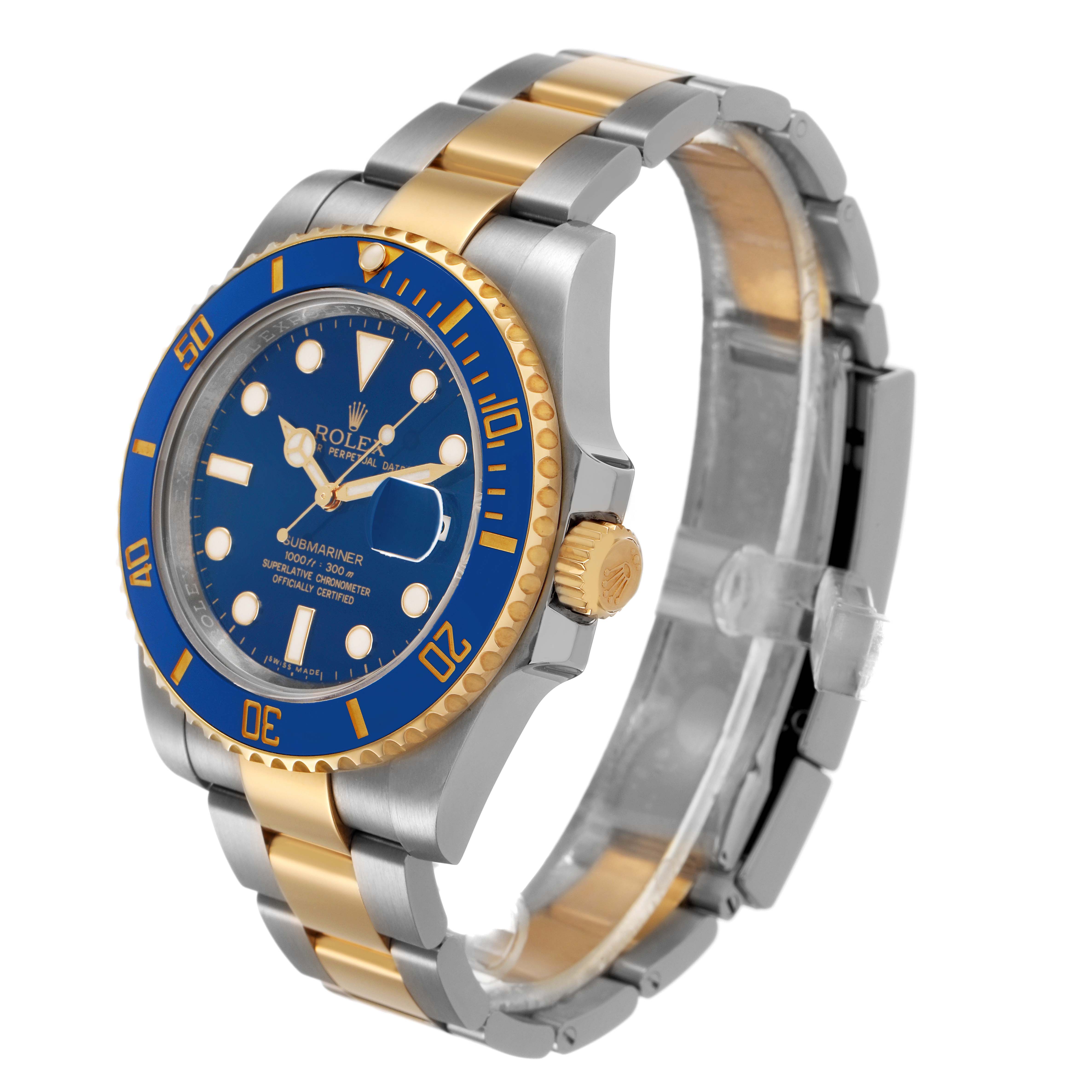 The Rolex Submariner 116613 Men's Steel and Gold (two tone) Blue Dial watch is shown at a three-quarter angle, highlighting the blue dial, gold bezel, and two-tone bracelet.