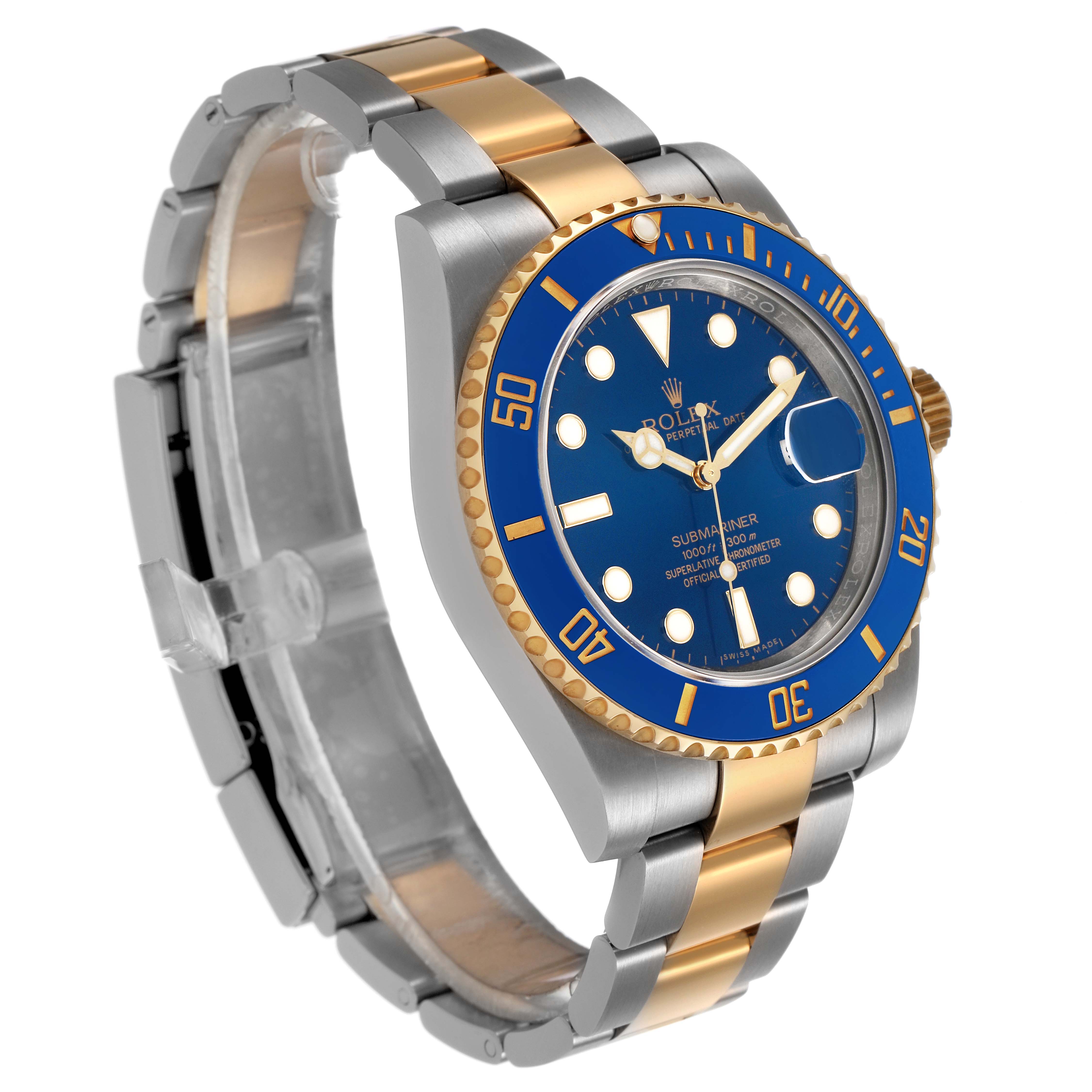 The Rolex Submariner 116613 Men's Steel and Gold (two tone) Blue Dial is shown at a three-quarter angle, highlighting the blue bezel, dial, and gold-silver bracelet.