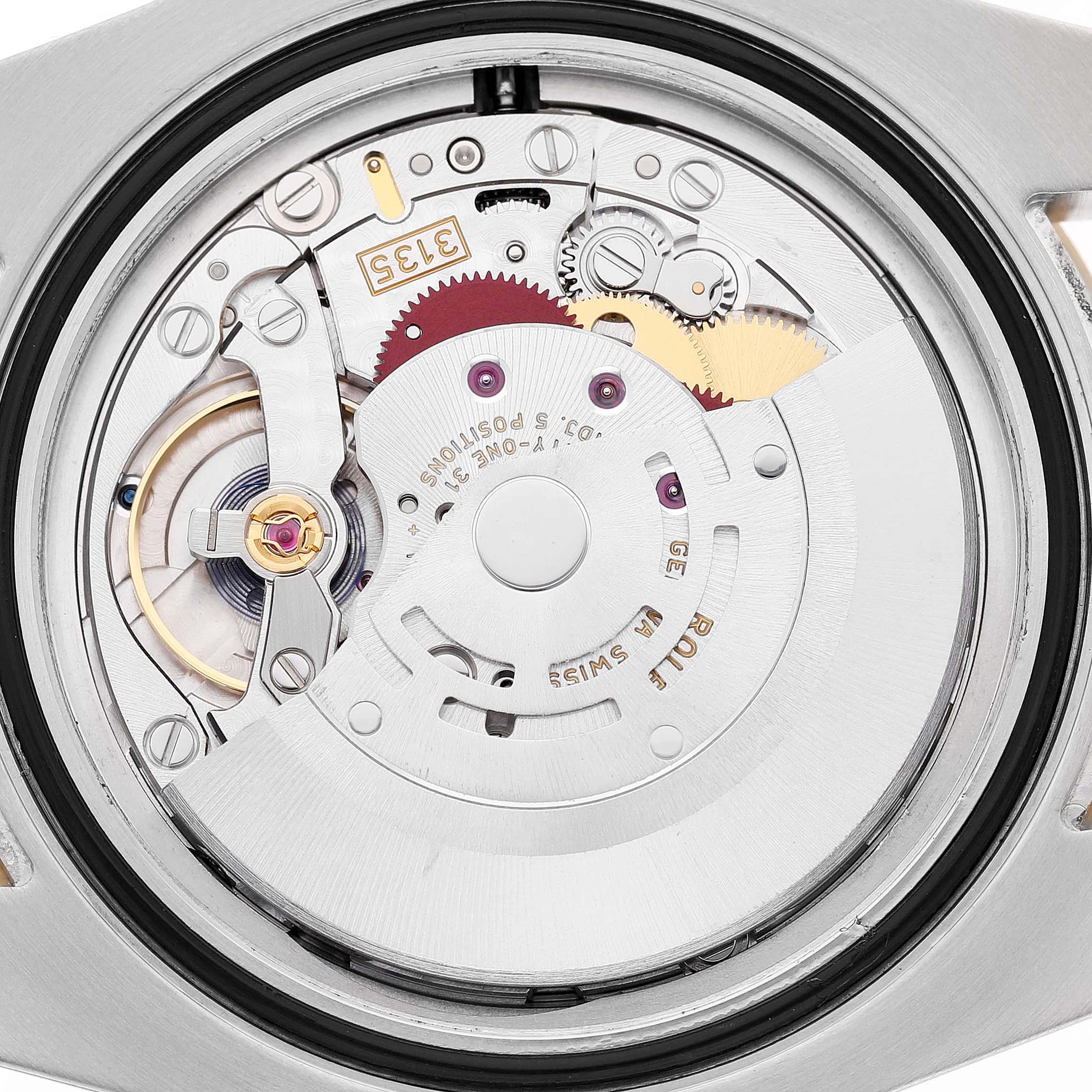 The image shows an overhead view of the Rolex Submariner 116613 Men's Steel and Gold (two tone) Blue Dial's movement, highlighting gears and intricate mechanical parts.