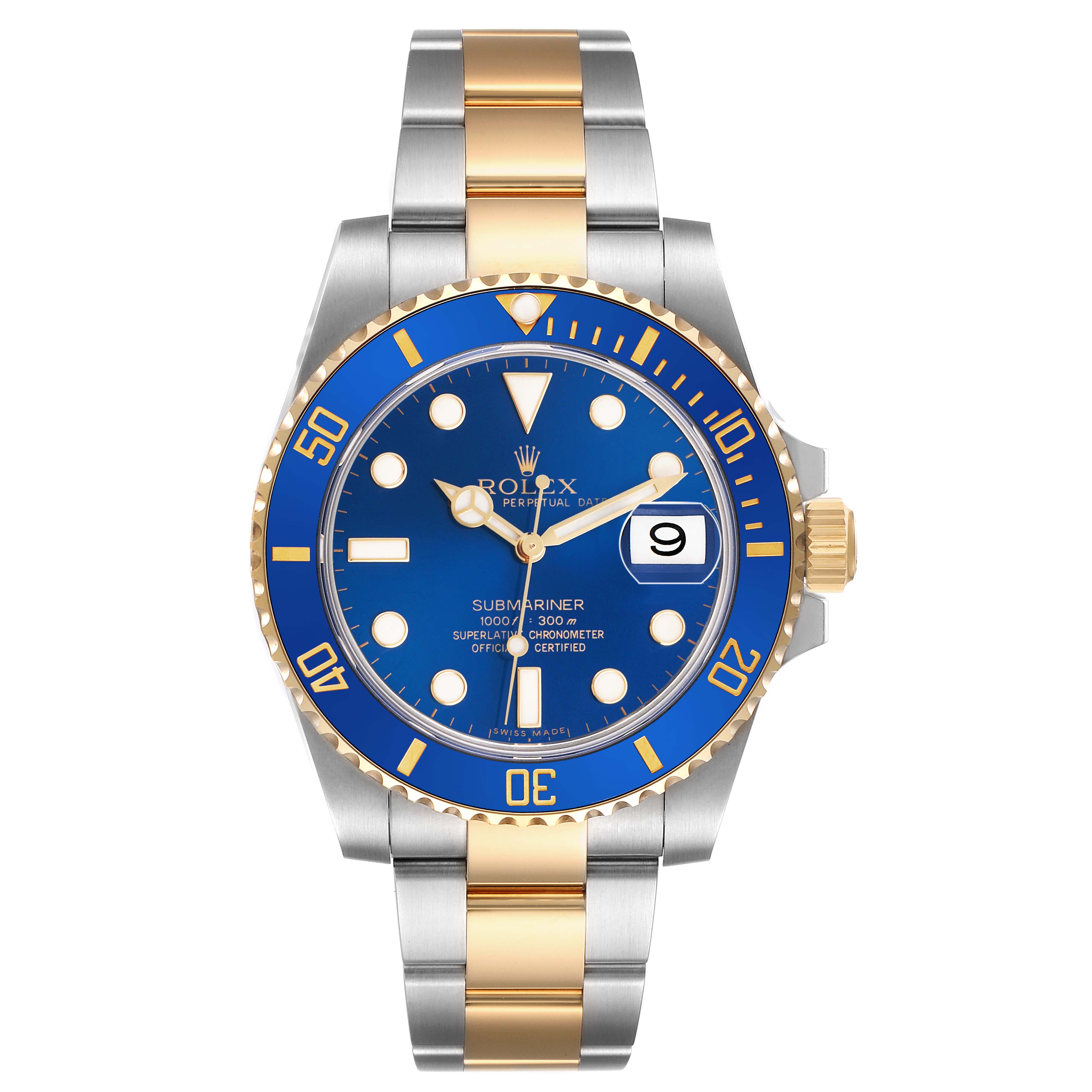 The Rolex Submariner 116613 Men's Steel and Gold (two tone) Blue Dial watch is shown from a front angle, displaying its blue dial, bezel, and two-tone bracelet.