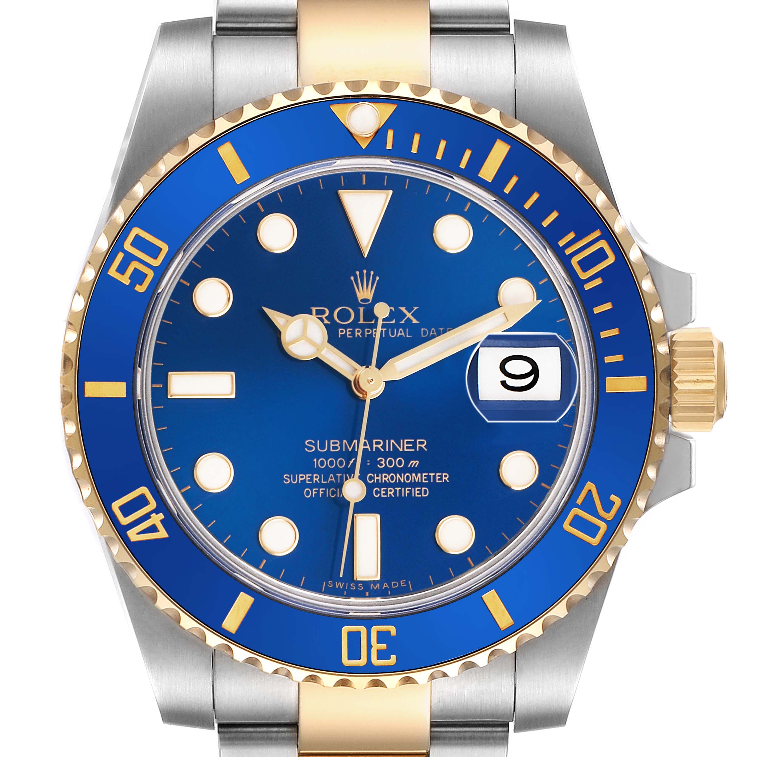 The Rolex Submariner 116613 Men's Steel and Gold (two tone) Blue Dial is shown from a front angle, displaying the blue dial, gold-tone bezel, and date window.