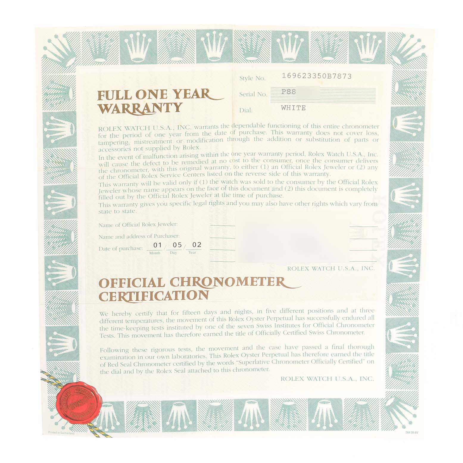 This image shows an official chronometer certification and warranty for a Rolex Yacht-Master 169623 Women's Steel and Gold (two tone) White Dial 169623 Women's Steel and Gold (two tone) White Dial watch, including details such as the serial number and date of purchase.