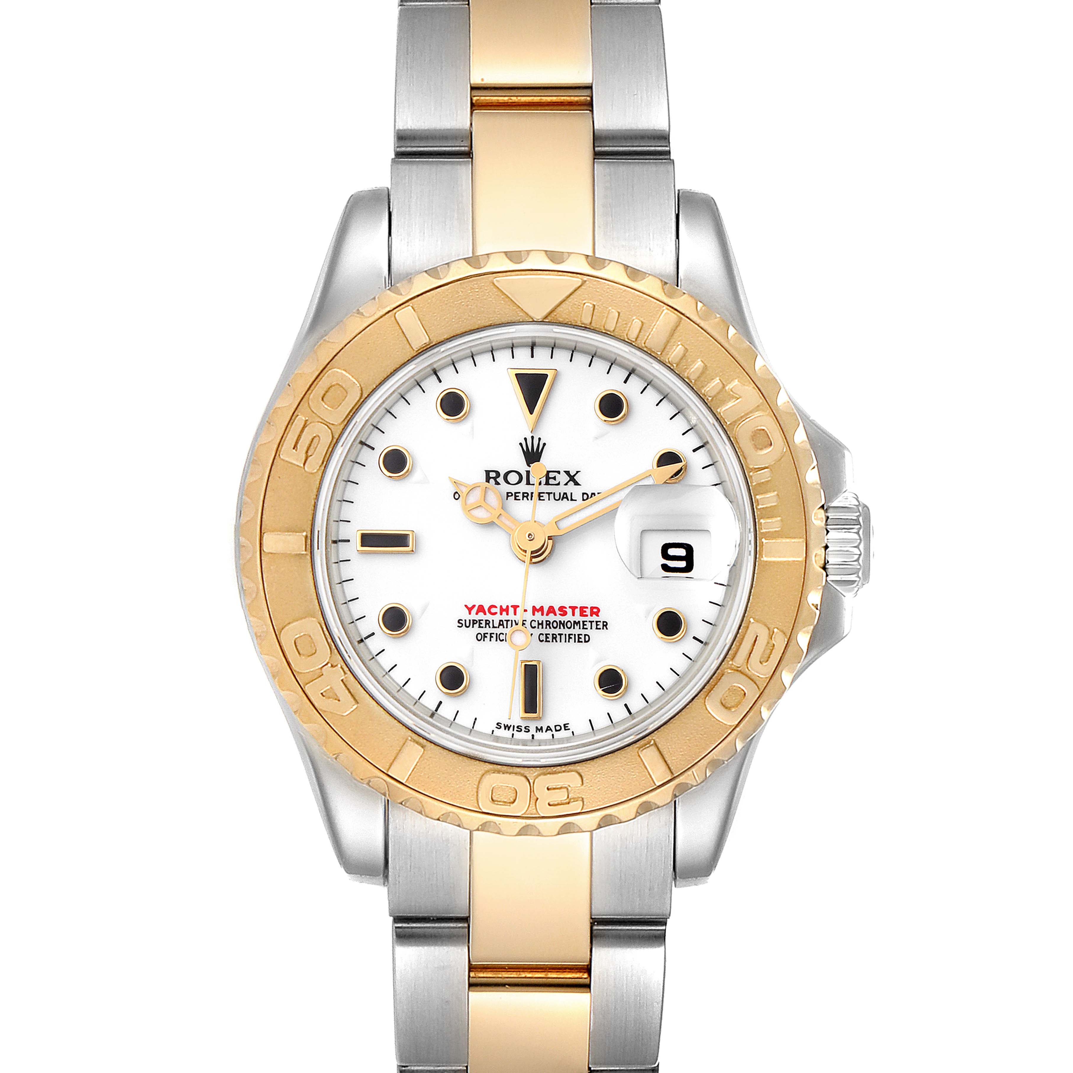 The Rolex Yacht-Master 169623 Women's Steel and Gold (two tone) White Dial 169623 Women's Steel and Gold (two tone) White Dial watch is shown from the front, displaying the dial, bezel, case, and bracelet.