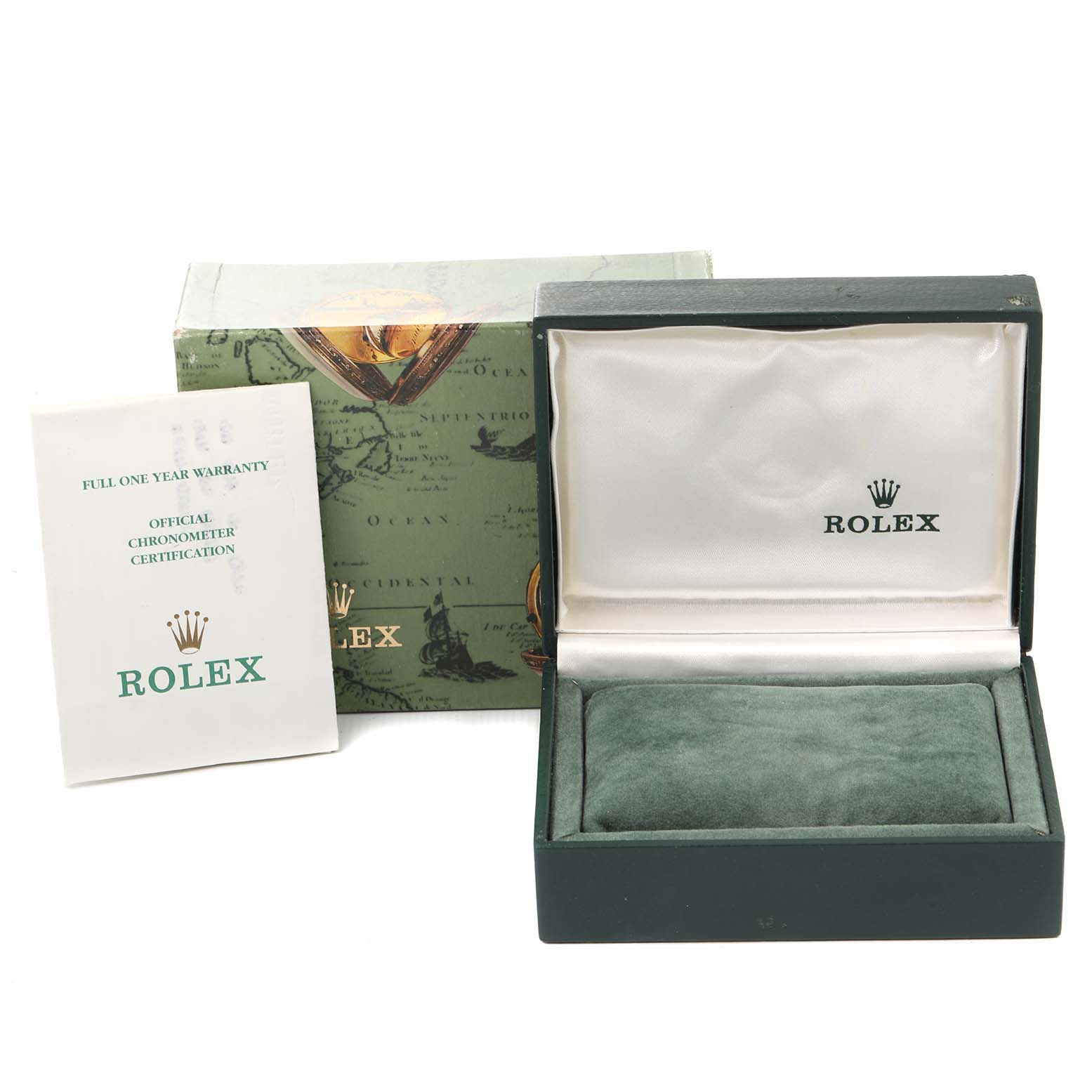 The image shows a Rolex Yacht-Master 169623 Women's Steel and Gold (two tone) White Dial 169623 Women's Steel and Gold (two tone) White Dial watch box, the outer box, and a warranty/certification card from a front angle.