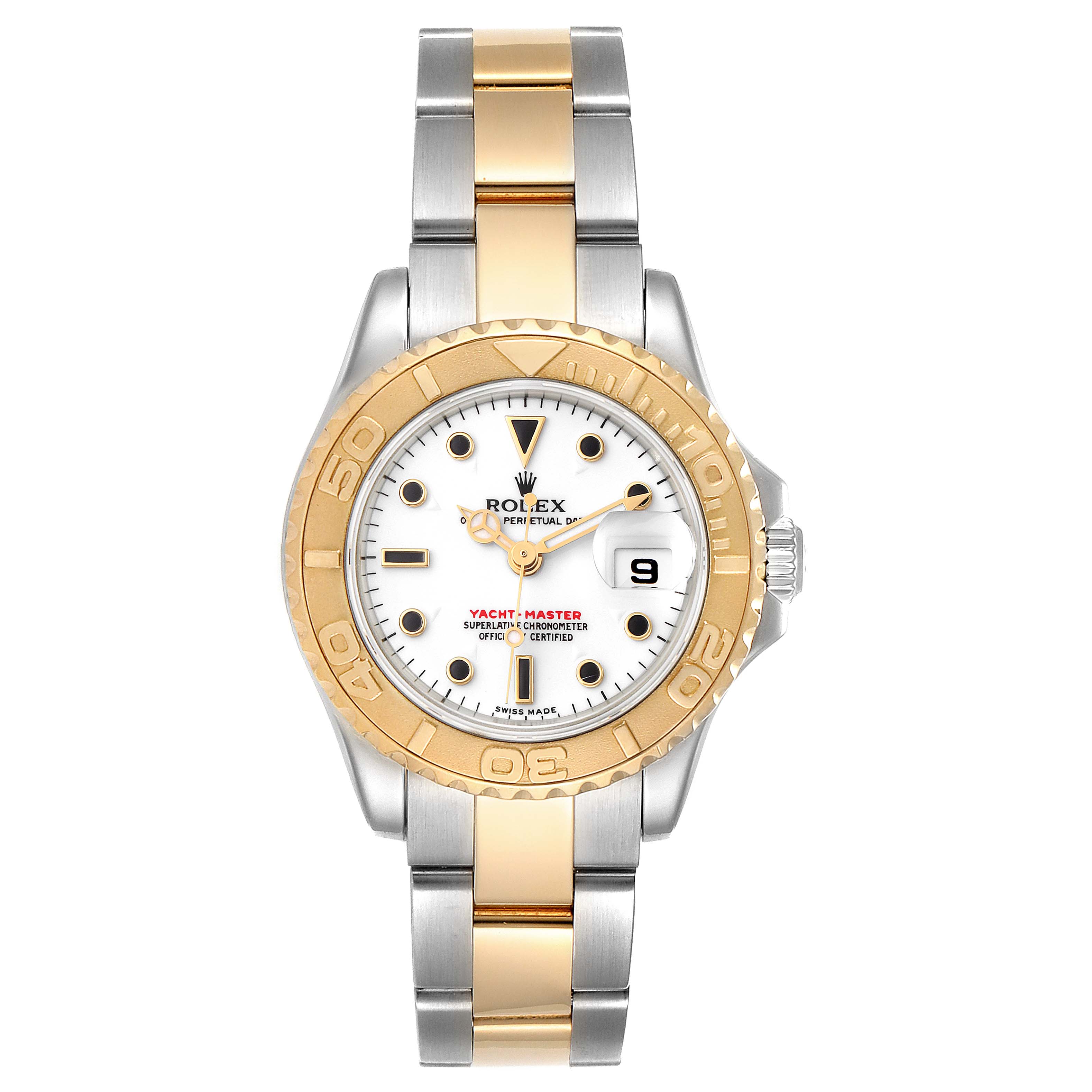 The image shows a Rolex Yacht-Master 169623 Women's Steel and Gold (two tone) White Dial 169623 Women's Steel and Gold (two tone) White Dial watch from a top-down angle, highlighting its face, bezel, crown, and bracelet.