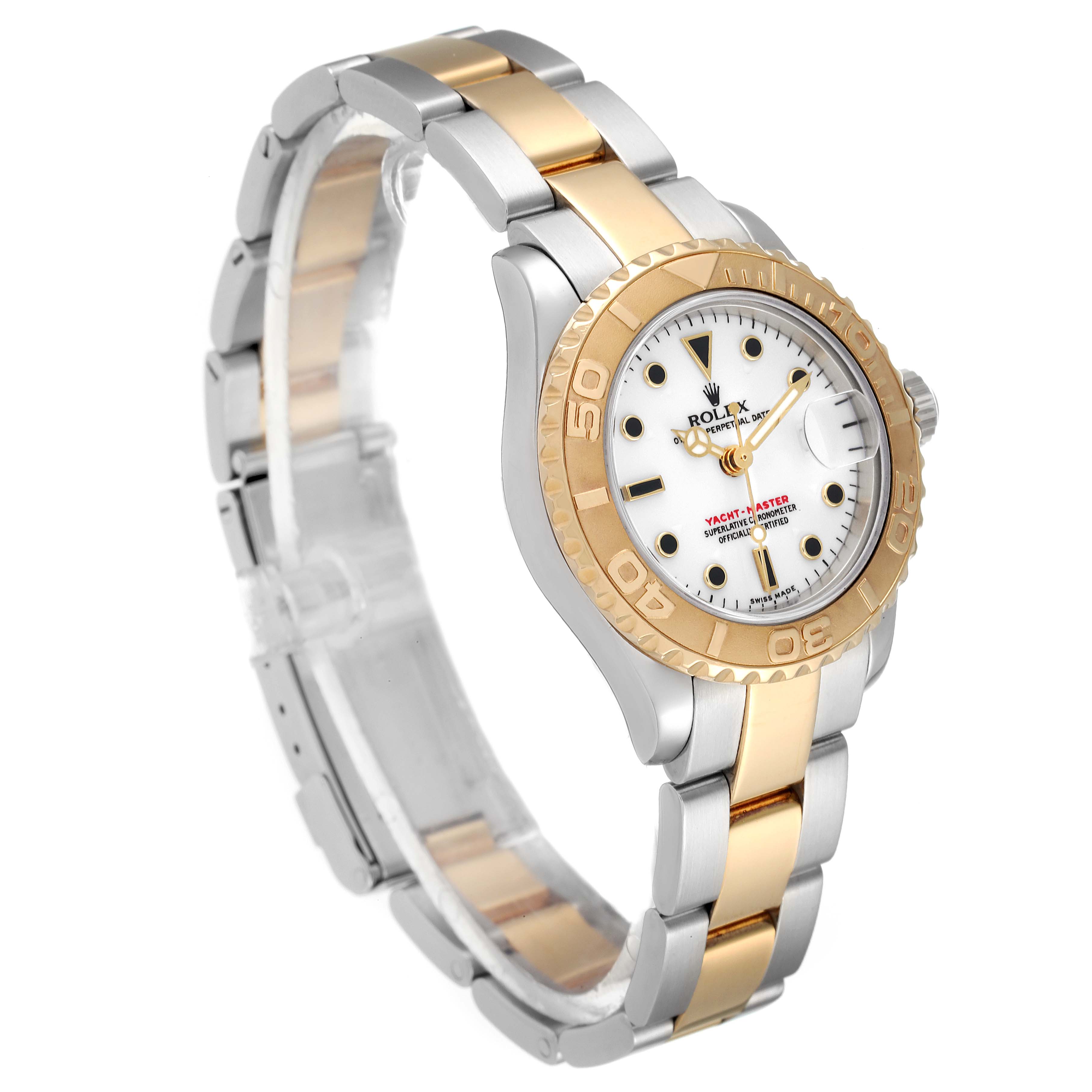 The image shows a Rolex Yacht-Master 169623 Women's Steel and Gold (two tone) White Dial 169623 Women's Steel and Gold (two tone) White Dial watch from a three-quarter angle, highlighting its two-tone bracelet and bezel.