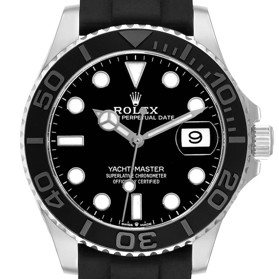 This Rolex Yacht-Master watch is shown from the front, displaying its black bezel, dial, hands, and date feature.