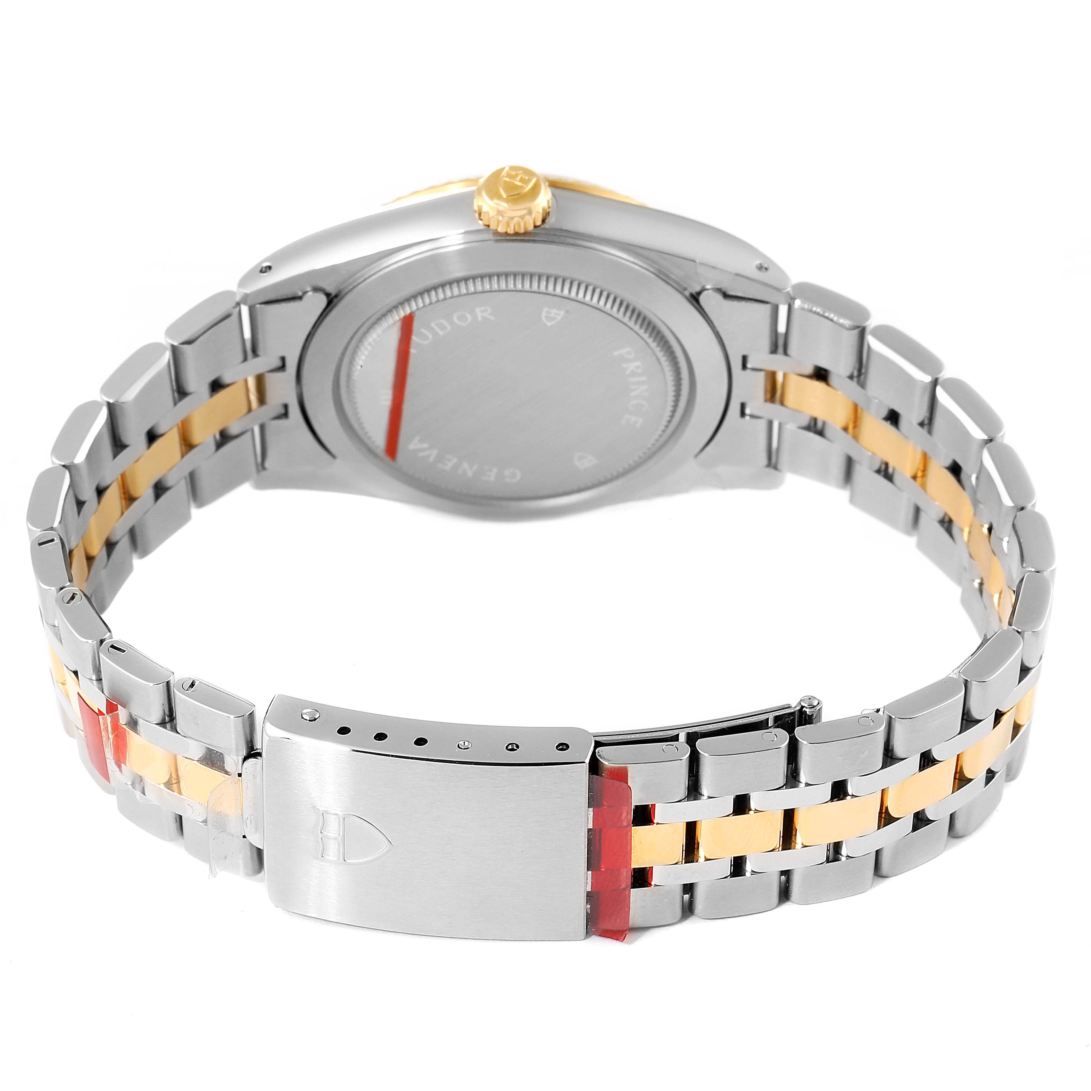 The image shows the back side and stainless steel and gold bracelet of a Tudor Prince 76213 Men's Steel and Gold (two tone) Black Dial 76213 Men's Steel and Gold (two tone) Black Dial model watch.