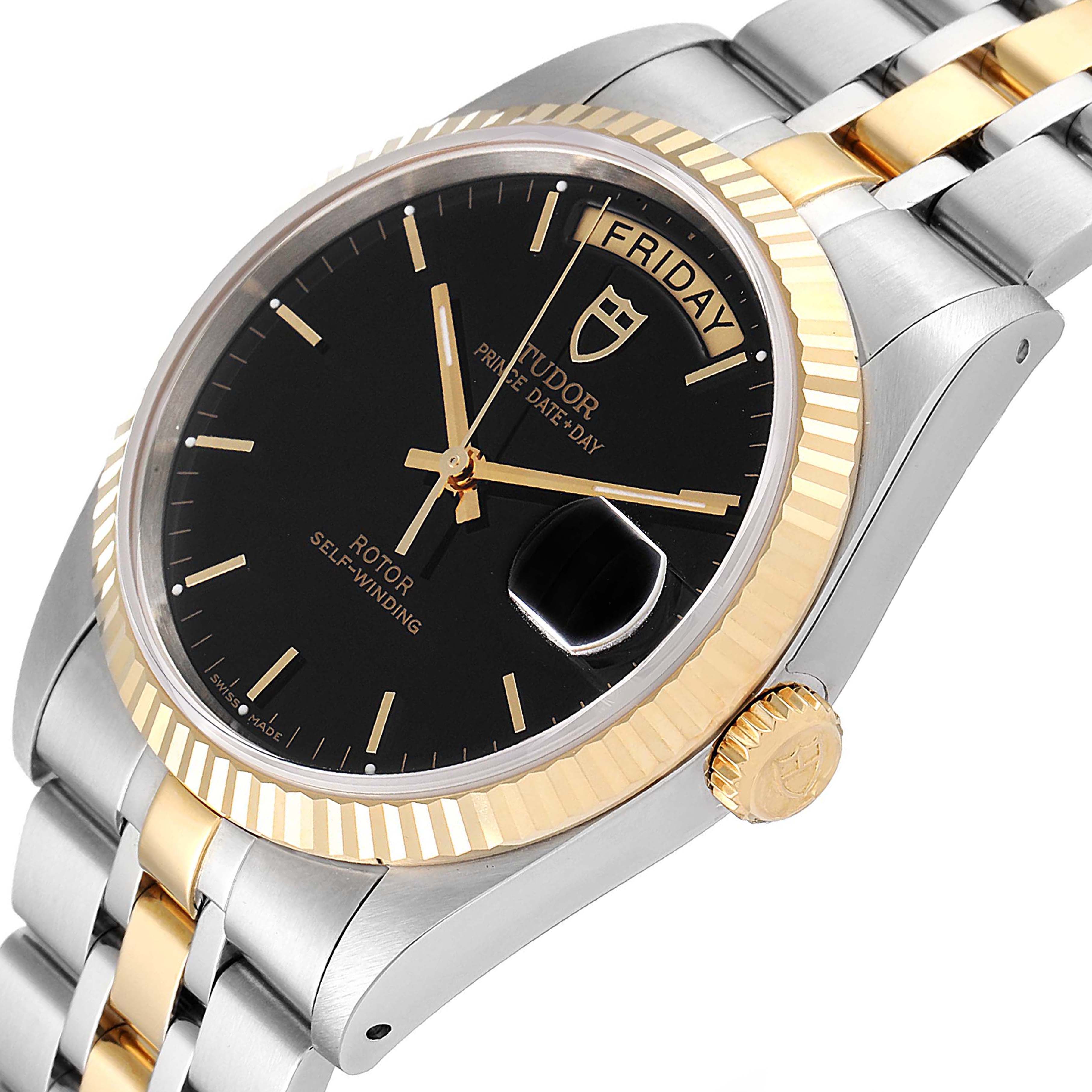 The Tudor Prince 76213 Men's Steel and Gold (two tone) Black Dial 76213 Men's Steel and Gold (two tone) Black Dial watch is shown at an angled view, highlighting its bezel, dial, crown, and part of the bracelet.