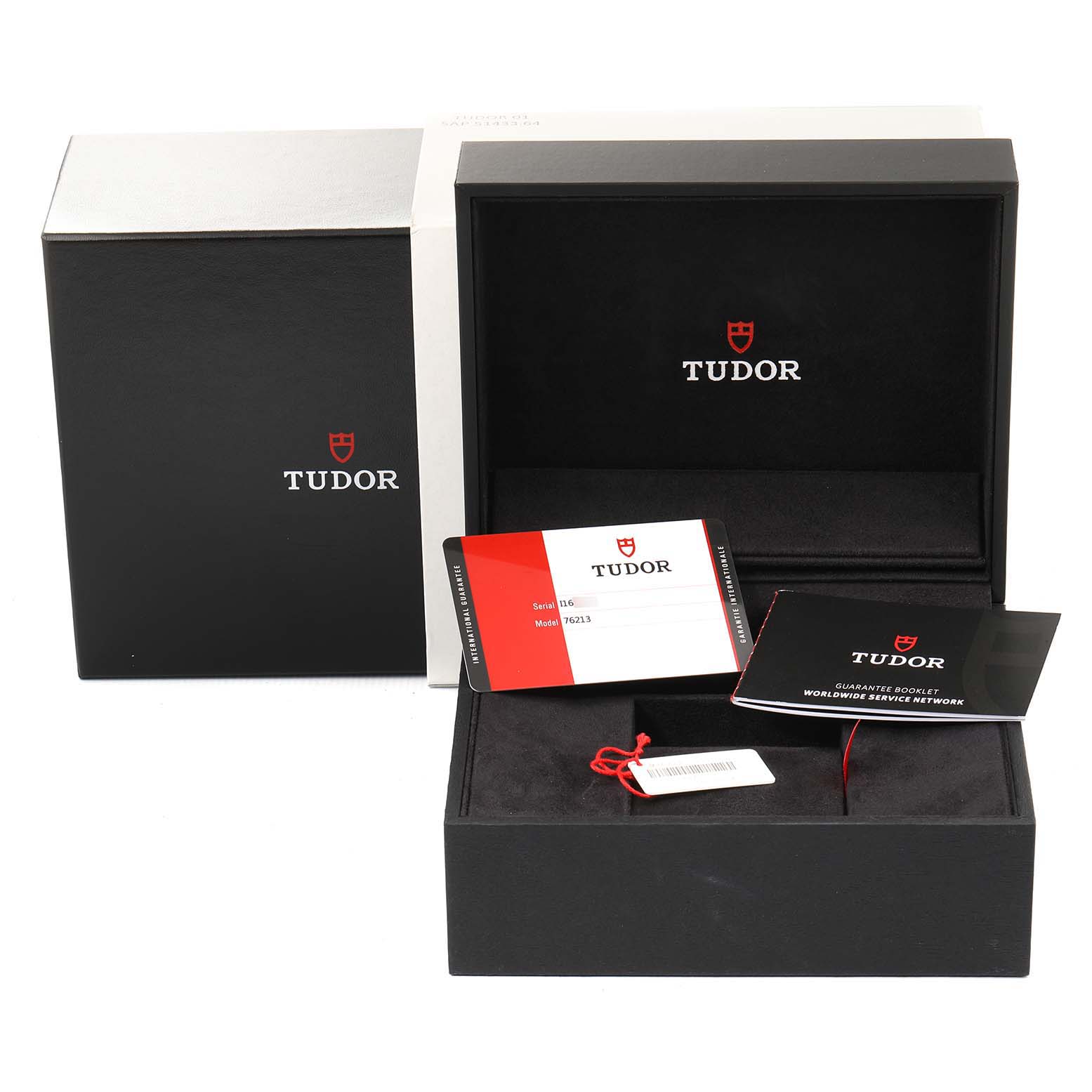 The image displays the packaging, warranty card, and booklet for a Tudor Prince 76213 Men's Steel and Gold (two tone) Black Dial 76213 Men's Steel and Gold (two tone) Black Dial model watch.