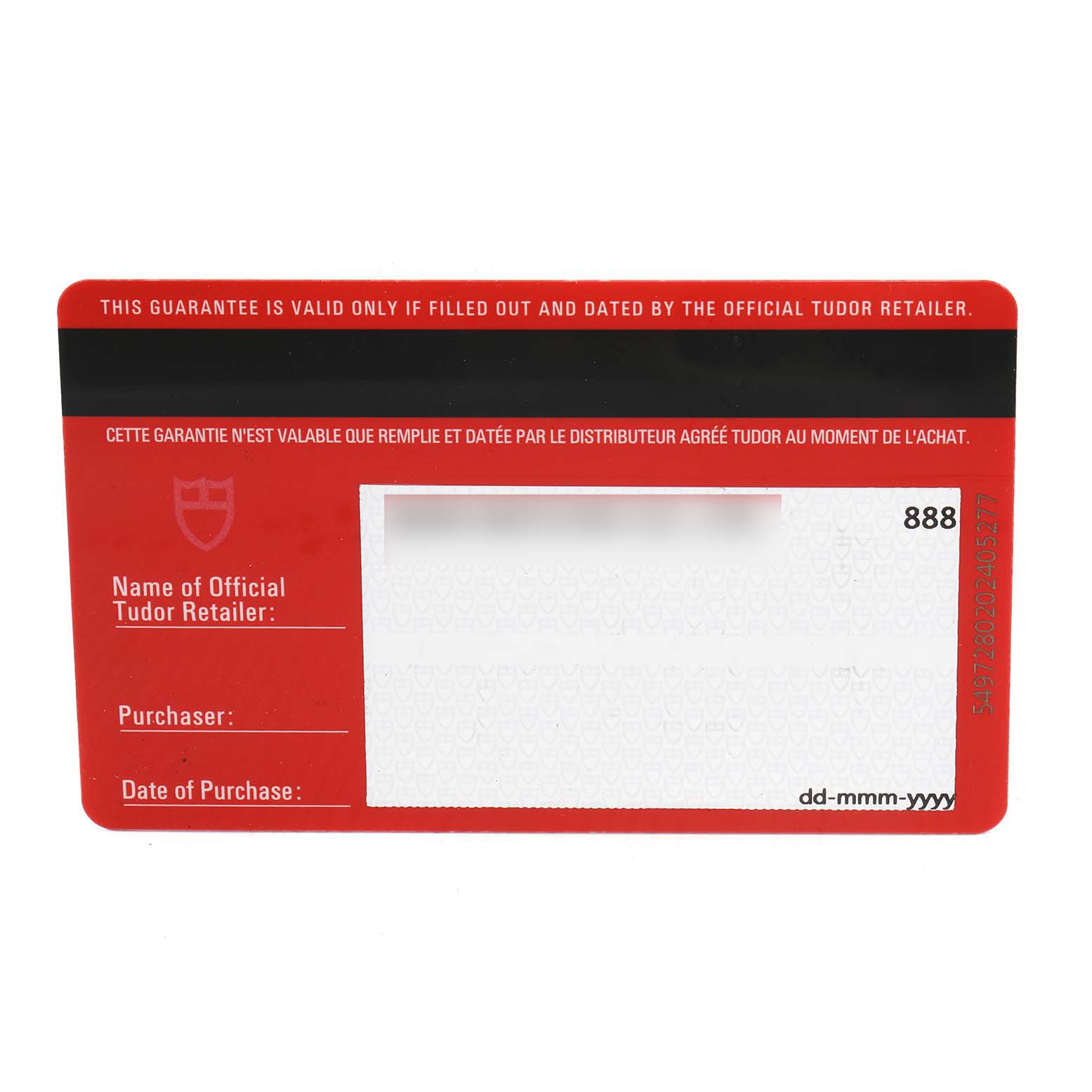 This image shows a warranty card for the Tudor Prince 76213 Men's Steel and Gold (two tone) Black Dial 76213 Men's Steel and Gold (two tone) Black Dial model watch.