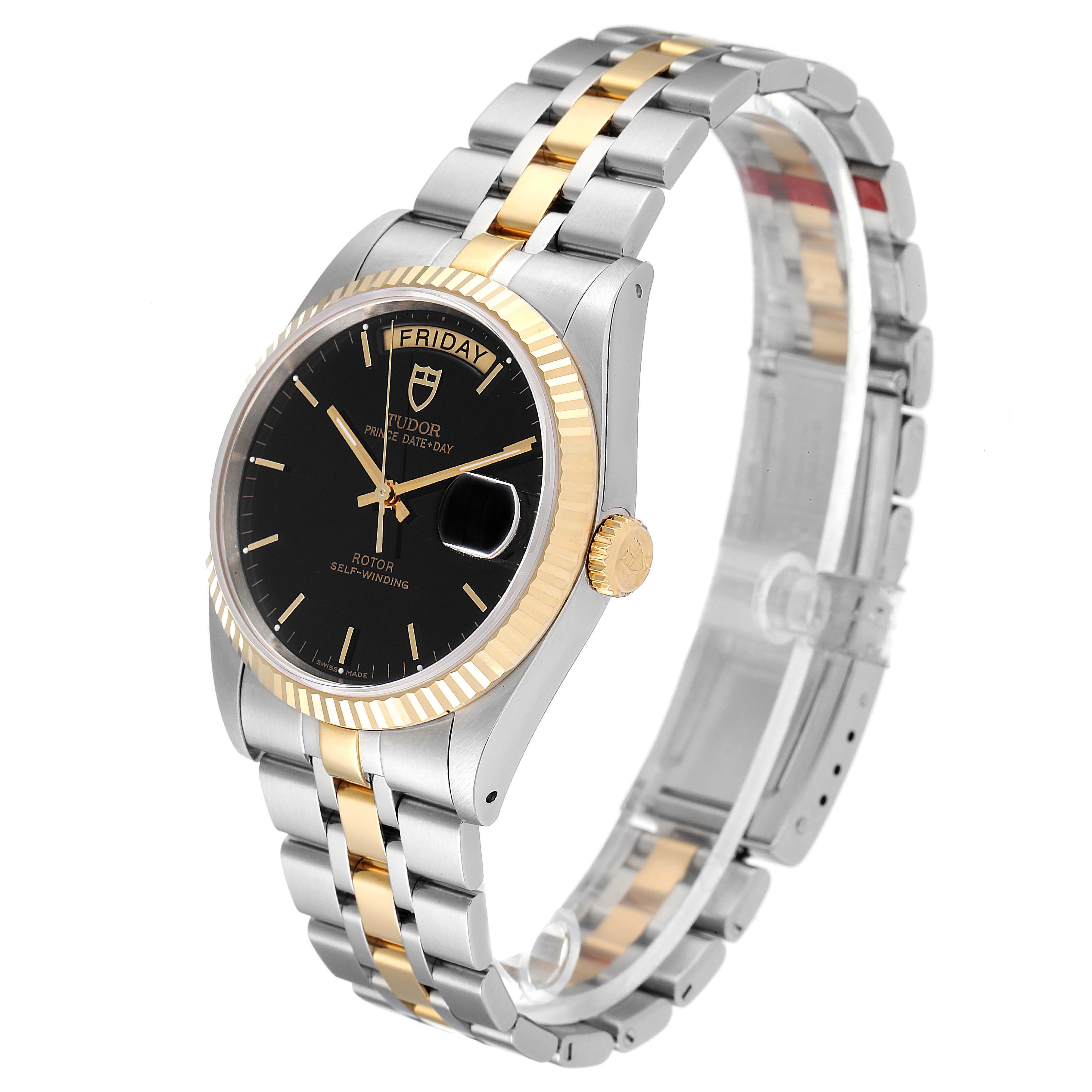 The Tudor Prince 76213 Men's Steel and Gold (two tone) Black Dial 76213 Men's Steel and Gold (two tone) Black Dial model watch is shown at a side angle, displaying its face, bezel, crown, and two-tone bracelet.