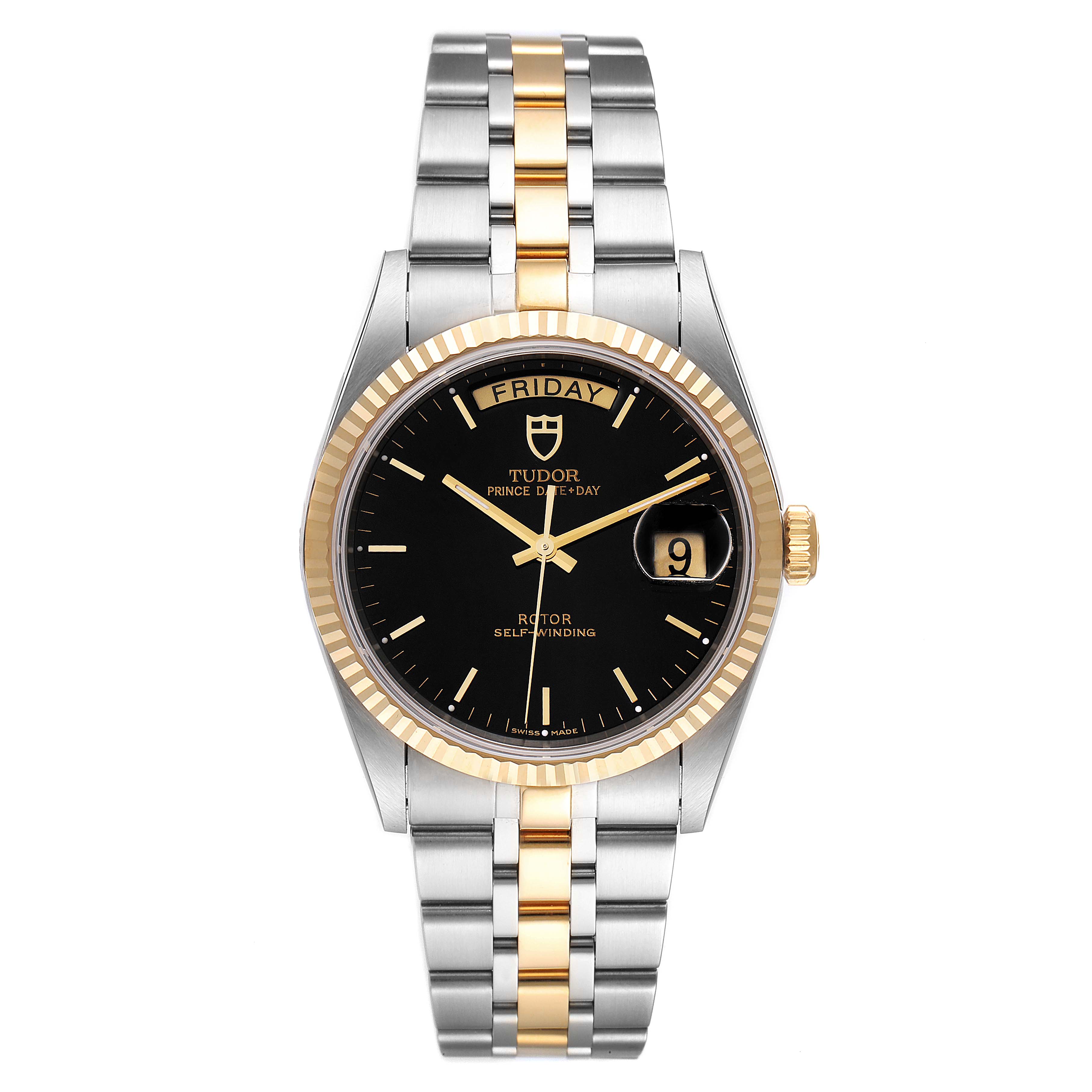 The Tudor Prince 76213 Men's Steel and Gold (two tone) Black Dial 76213 Men's Steel and Gold (two tone) Black Dial watch is shown from a front angle, displaying its dial, bezel, and bracelet.