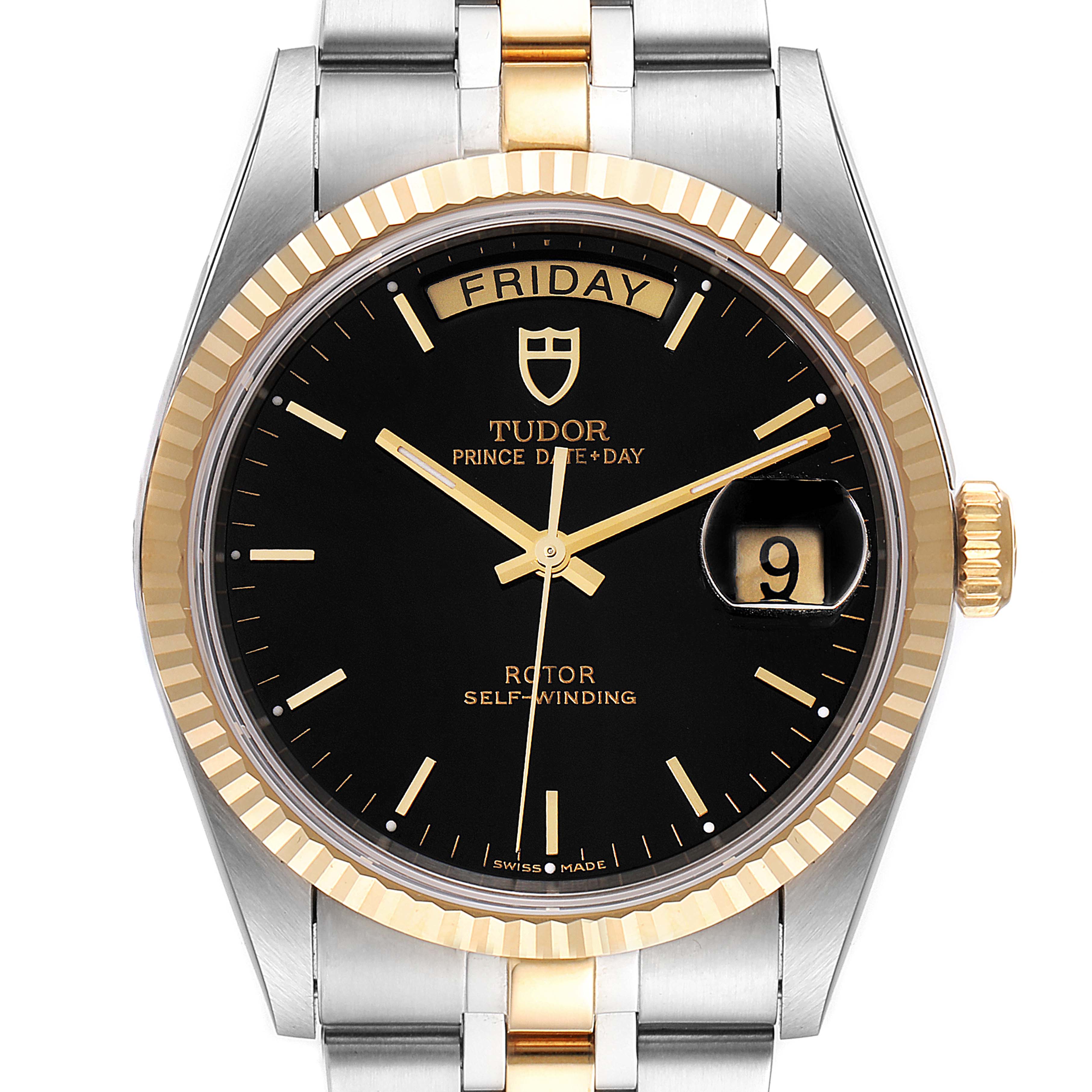 The image shows a front view of the Tudor Prince 76213 Men's Steel and Gold (two tone) Black Dial 76213 Men's Steel and Gold (two tone) Black Dial Date-Day model watch, featuring the dial, hands, bezel, crown, and part of the bracelet.