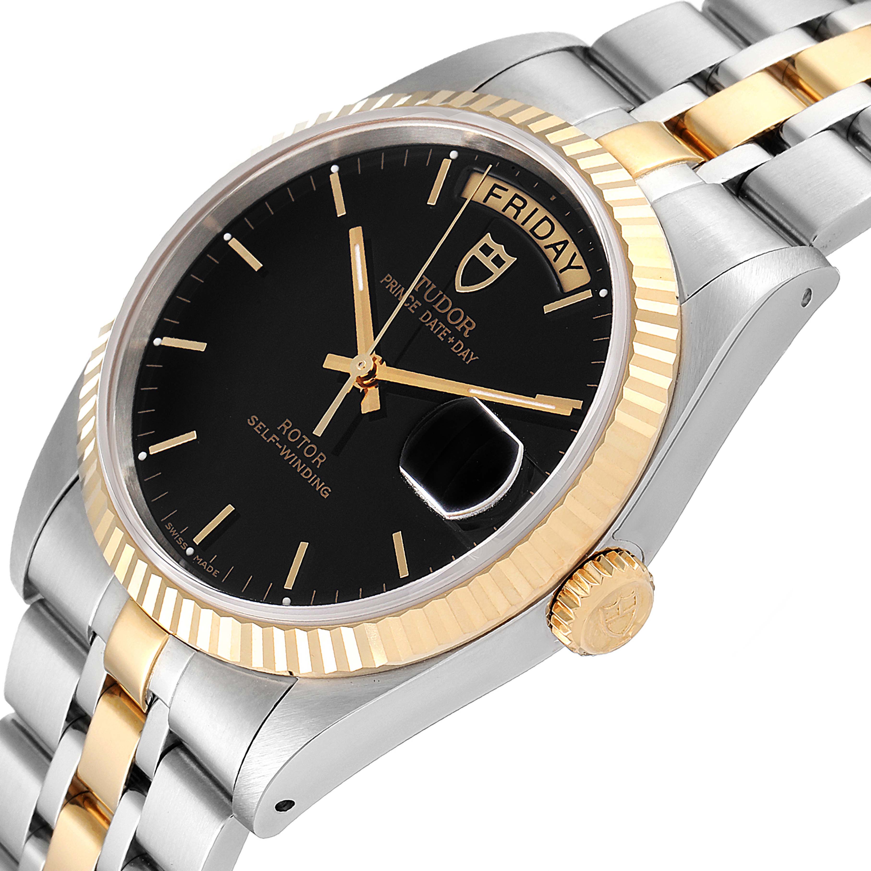 The image shows a Tudor Prince 76213 Men's Steel and Gold (two tone) Black Dial 76213 Men's Steel and Gold (two tone) Black Dial model watch at a slight angle, highlighting the bezel, dial, crown, and part of the bracelet.