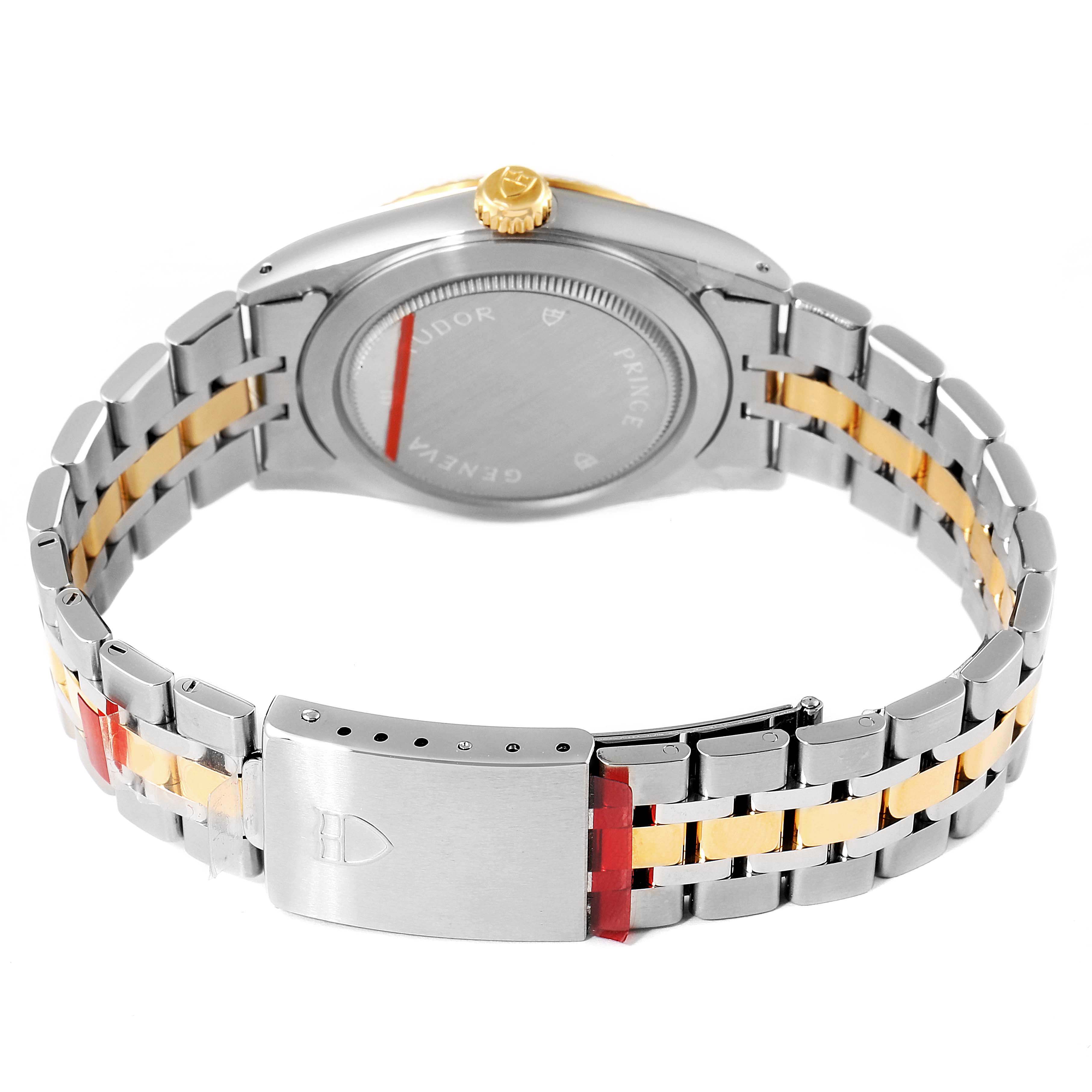 The image shows the back, clasp, and bracelet of the Tudor Prince 76213 Men's Steel and Gold (two tone) Black Dial 76213 Men's Steel and Gold (two tone) Black Dial model watch from a rear angle.