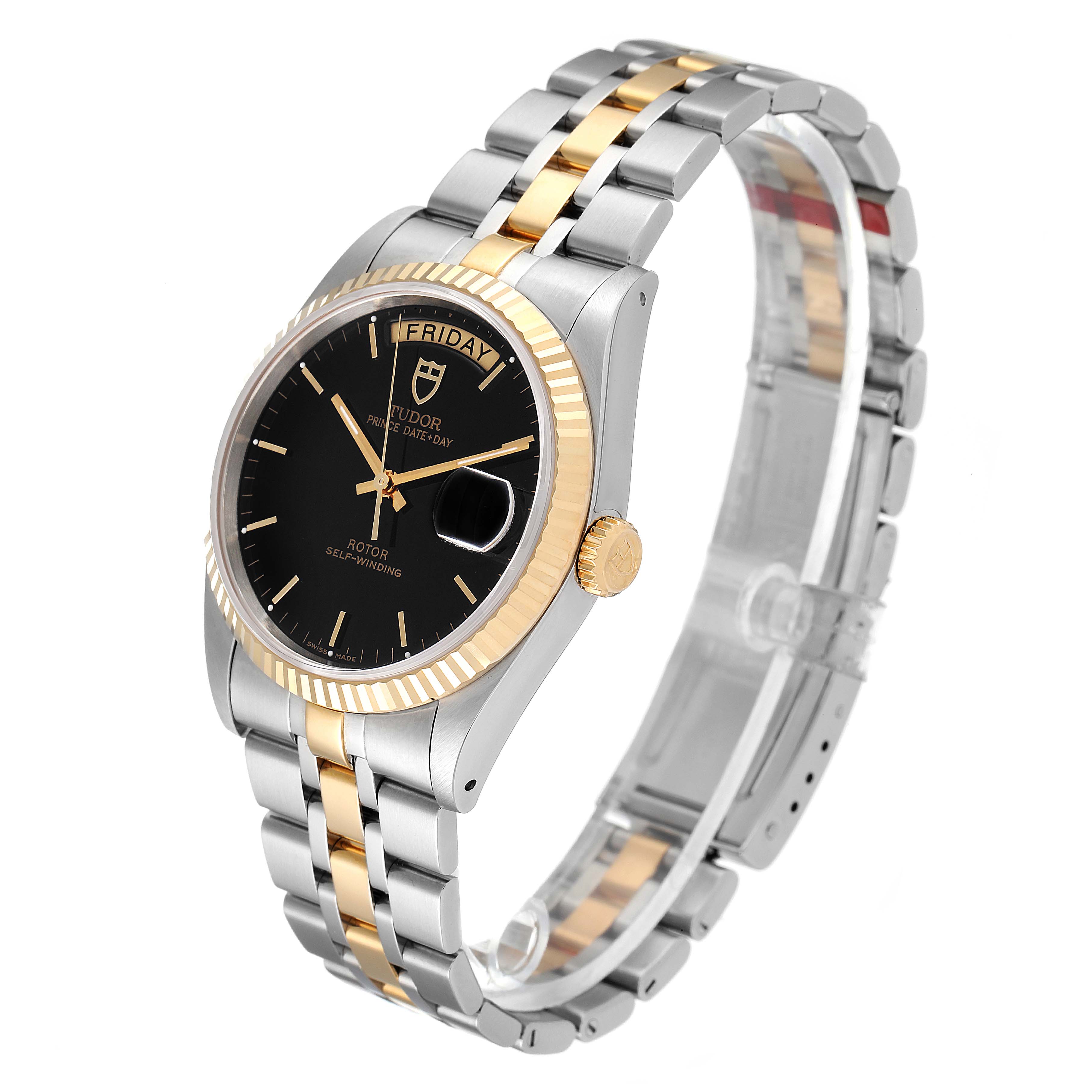 The Tudor Prince 76213 Men's Steel and Gold (two tone) Black Dial 76213 Men's Steel and Gold (two tone) Black Dial watch is shown at a slight angle, showcasing the face, bezel, crown, and two-tone bracelet.