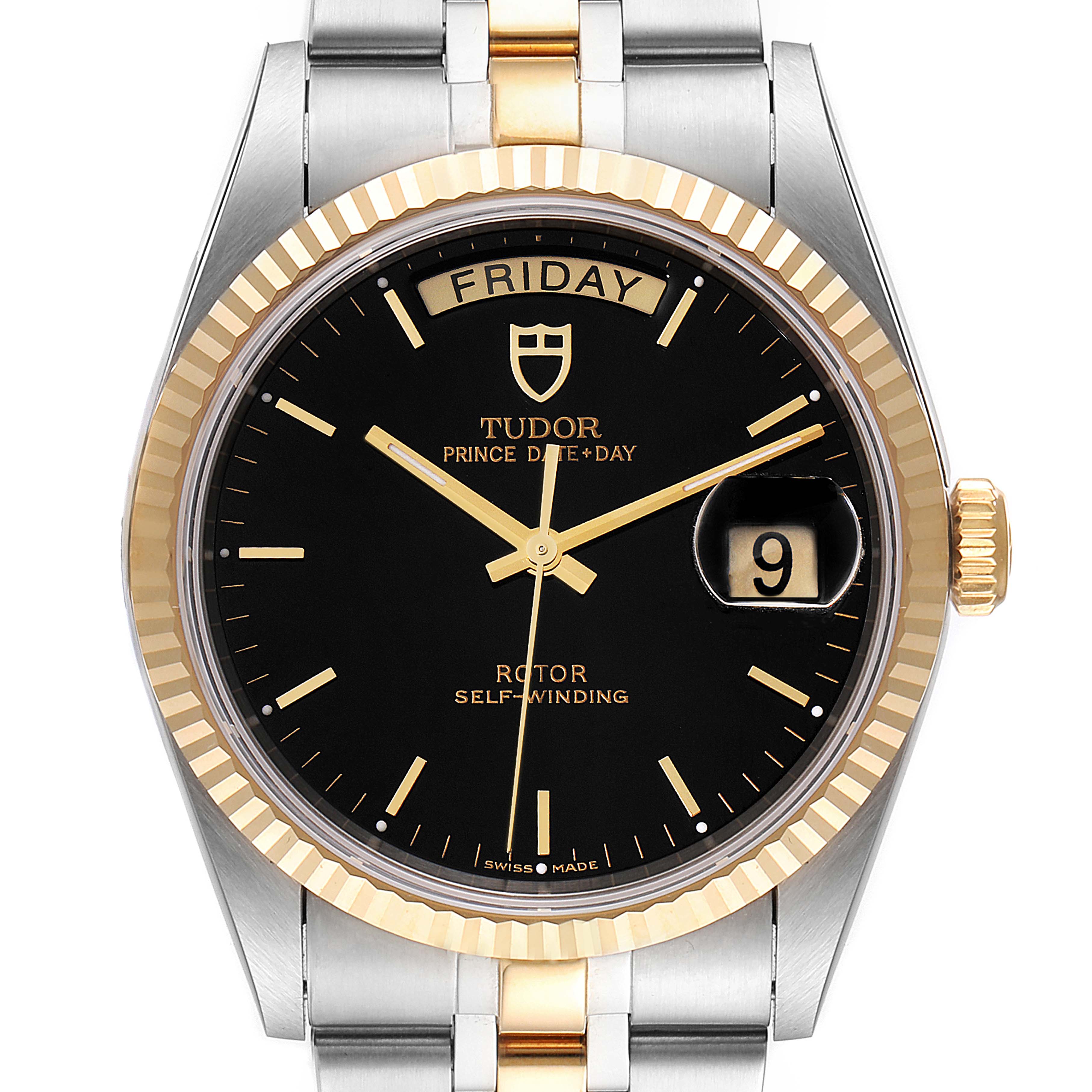 This is a front view of the Tudor Prince 76213 Men's Steel and Gold (two tone) Black Dial 76213 Men's Steel and Gold (two tone) Black Dial model watch, showing the dial, day-date display, bezel, crown, and part of the bracelet.