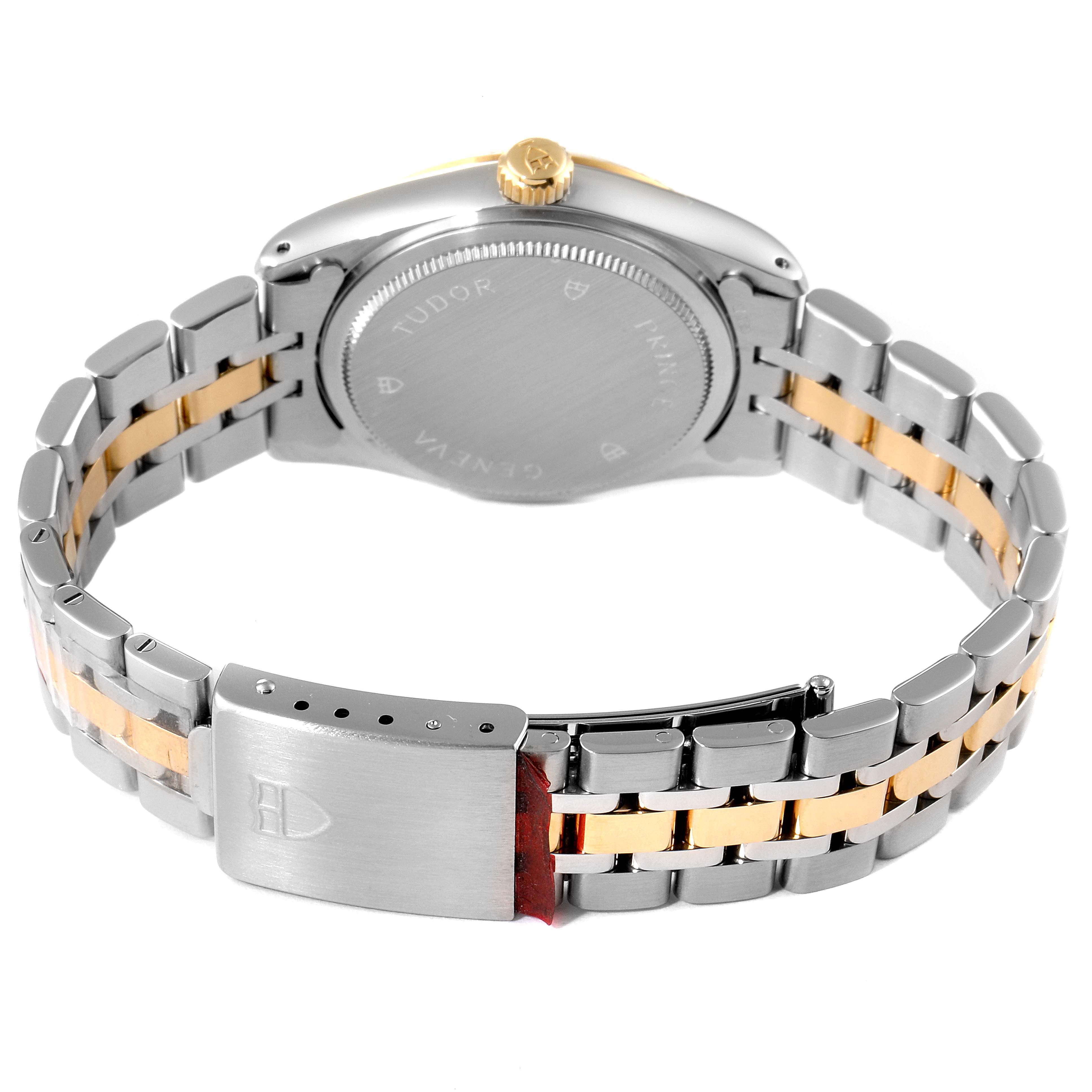 The image shows the back and bracelet of a Tudor Prince 72033 Men's Steel and Gold (two tone) Champagne Dial 72033 Men's Steel and Gold (two tone) Champagne Dial model watch, highlighting its clasp and case back.