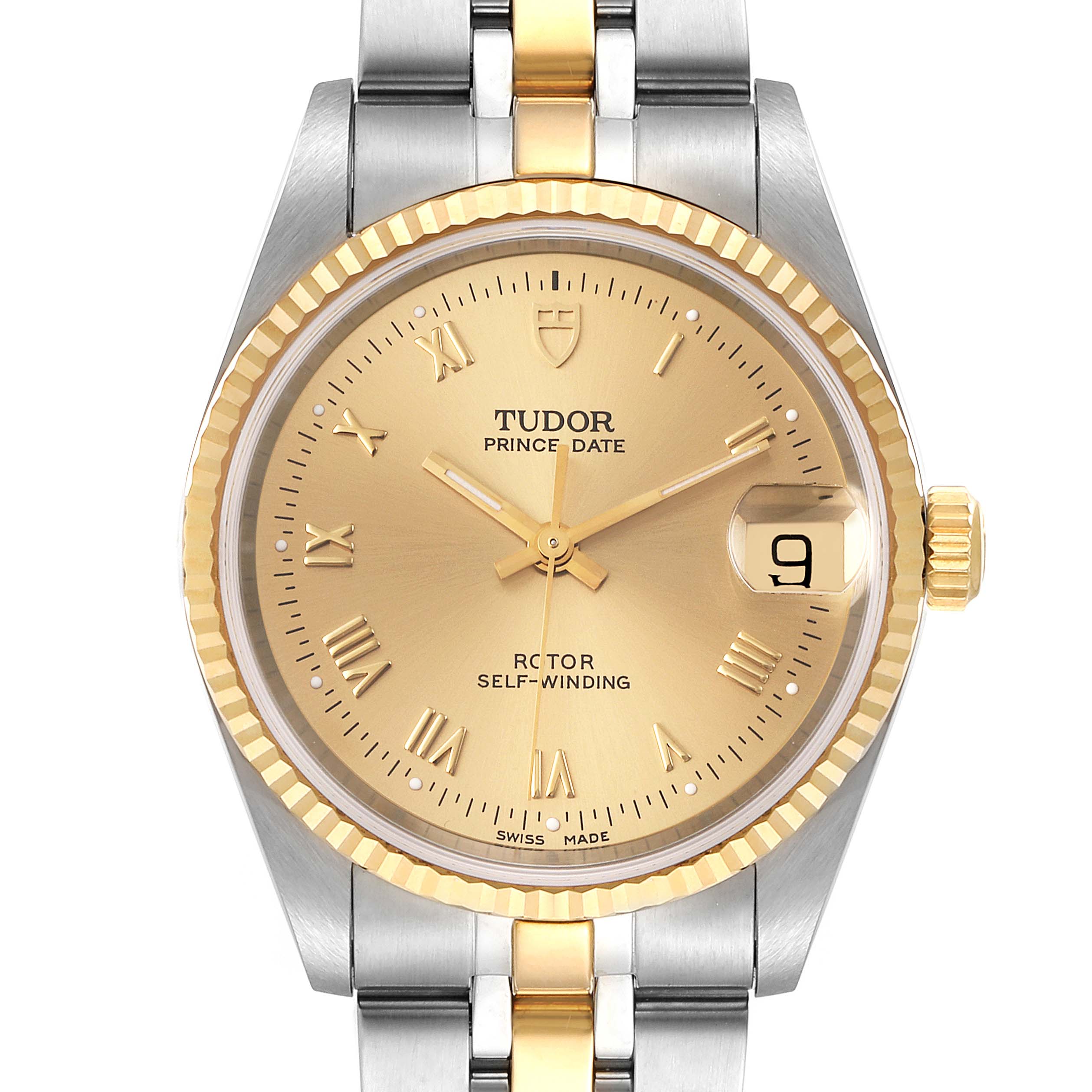 This image shows a front view of the Tudor Prince 72033 Men's Steel and Gold (two tone) Champagne Dial 72033 Men's Steel and Gold (two tone) Champagne Dial Date watch, highlighting its two-tone bracelet, gold dial, and date window.