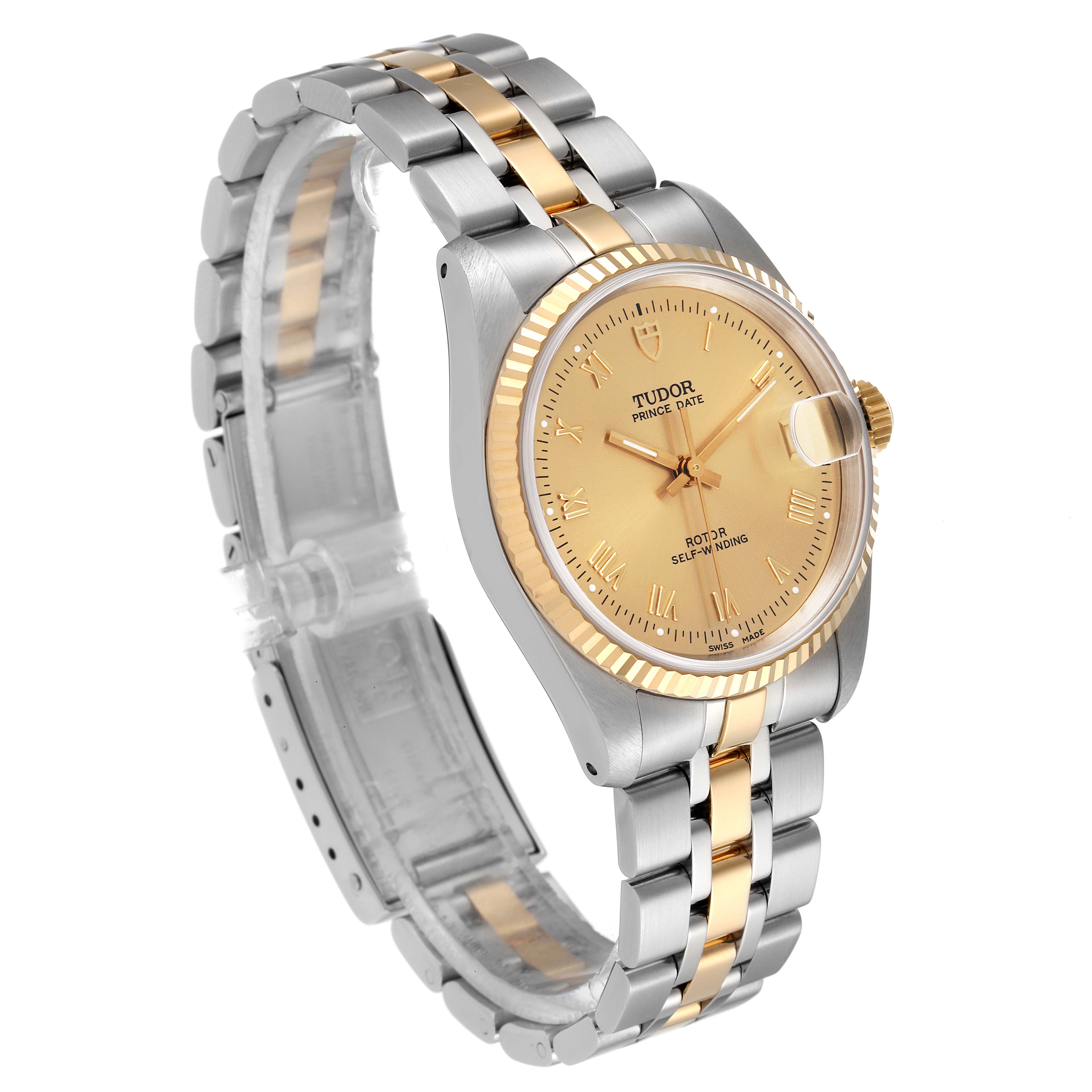 The Tudor Prince 72033 Men's Steel and Gold (two tone) Champagne Dial 72033 Men's Steel and Gold (two tone) Champagne Dial model watch is shown at a three-quarter angle, displaying its face, bezel, crown, and two-tone bracelet.