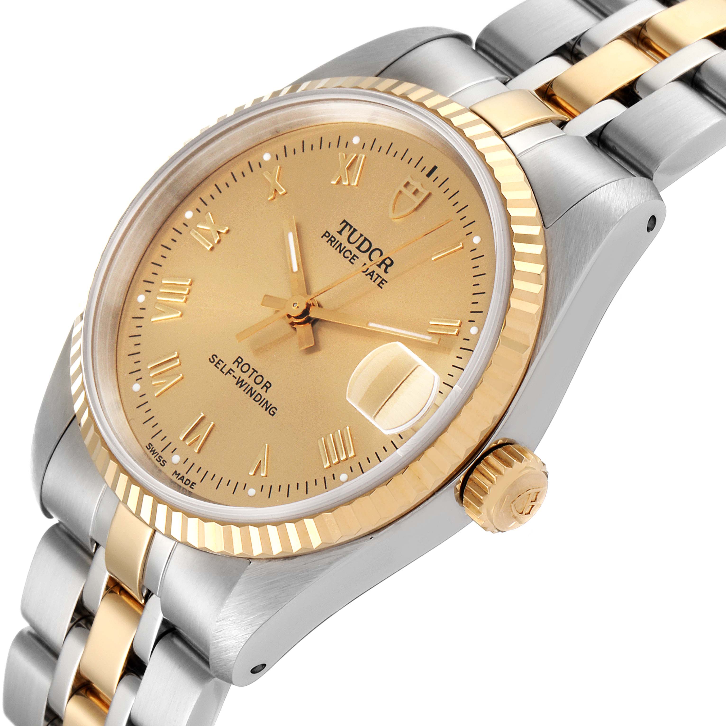 This Tudor Prince 72033 Men's Steel and Gold (two tone) Champagne Dial 72033 Men's Steel and Gold (two tone) Champagne Dial watch is shown at a slight angle, highlighting the case, crown, bezel, and part of the bracelet.