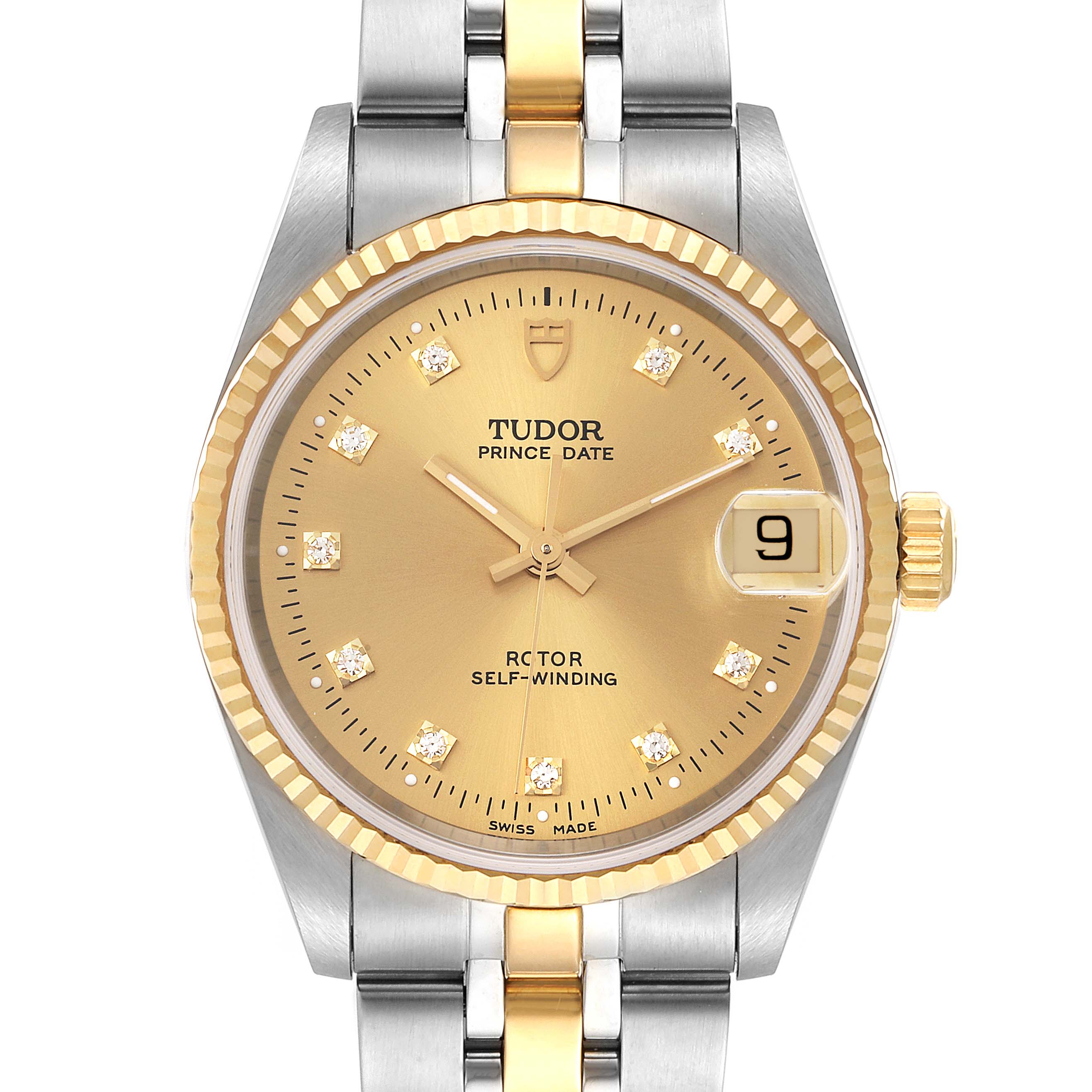 This image shows a frontal view of the Tudor Prince 72033 Men's Steel and Gold (two tone) Champagne Dial 72033 Men's Steel and Gold (two tone) Champagne Dial Date watch, displaying the dial, hands, date window, and part of the bracelet.