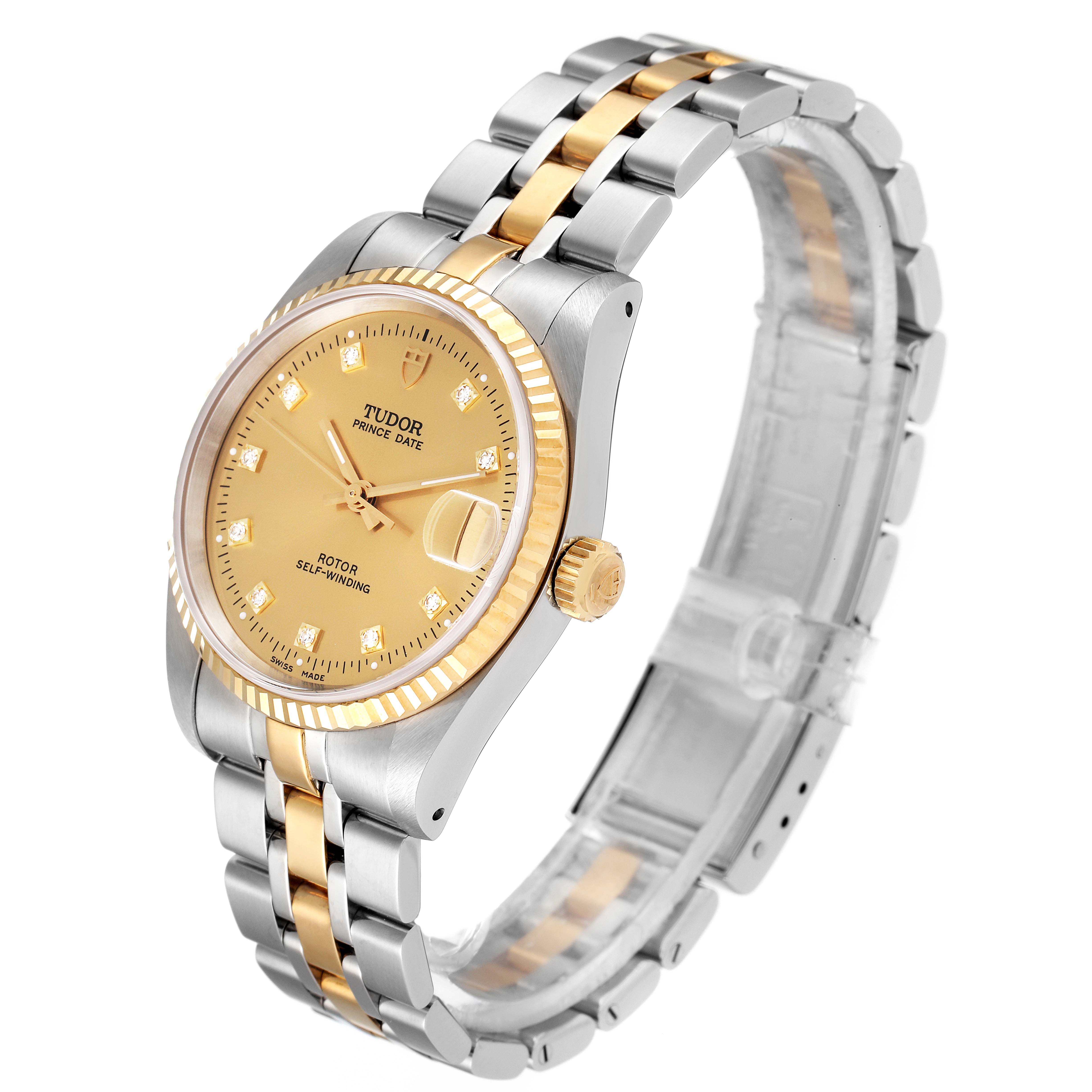 The Tudor Prince 72033 Men's Steel and Gold (two tone) Champagne Dial 72033 Men's Steel and Gold (two tone) Champagne Dial model watch is shown at a three-quarter angle, displaying the dial, crown, and two-tone bracelet.