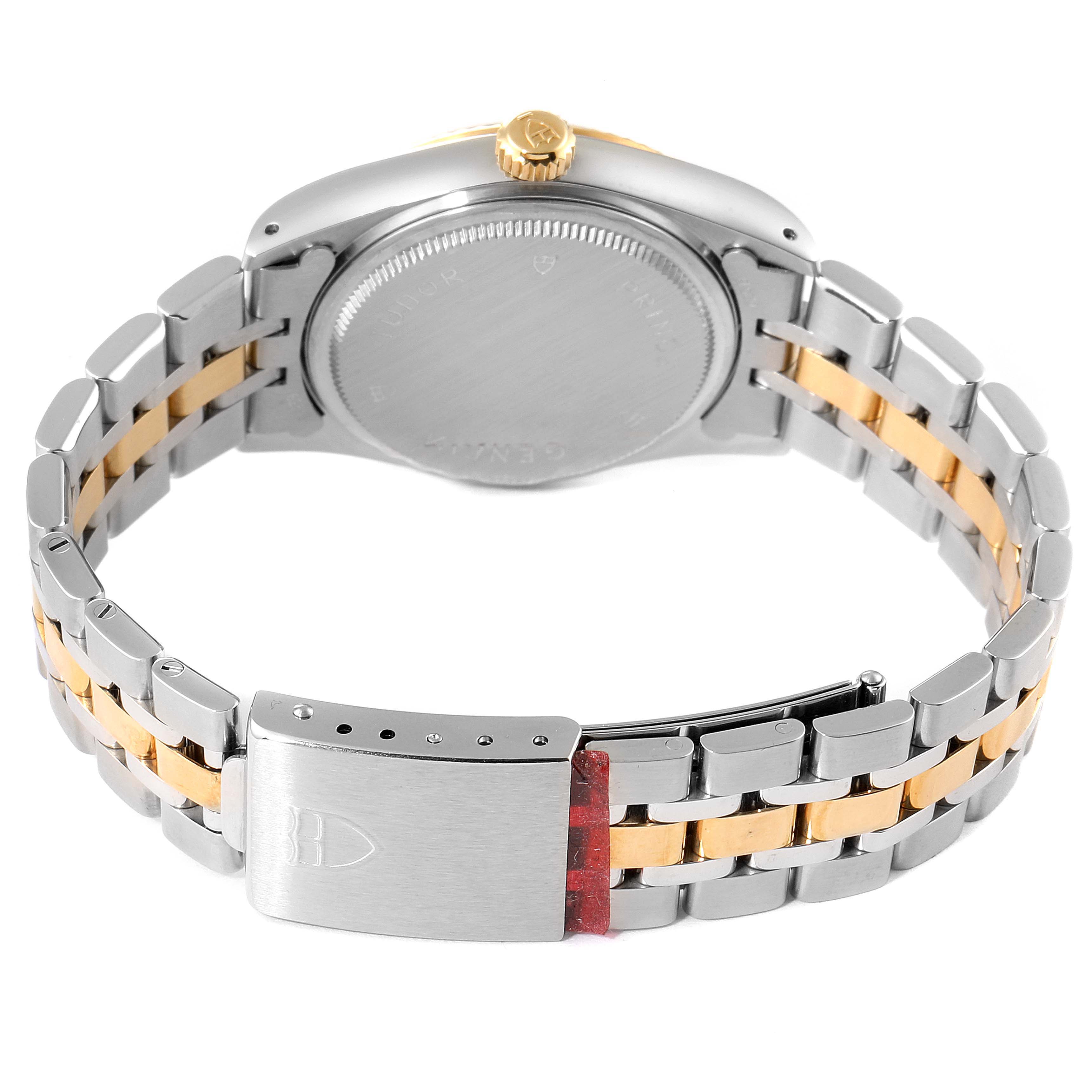 The image shows the back view of a Tudor Prince 72033 Men's Steel and Gold (two tone) Champagne Dial 72033 Men's Steel and Gold (two tone) Champagne Dial model watch, highlighting the caseback, crown, and two-tone bracelet with the clasp.