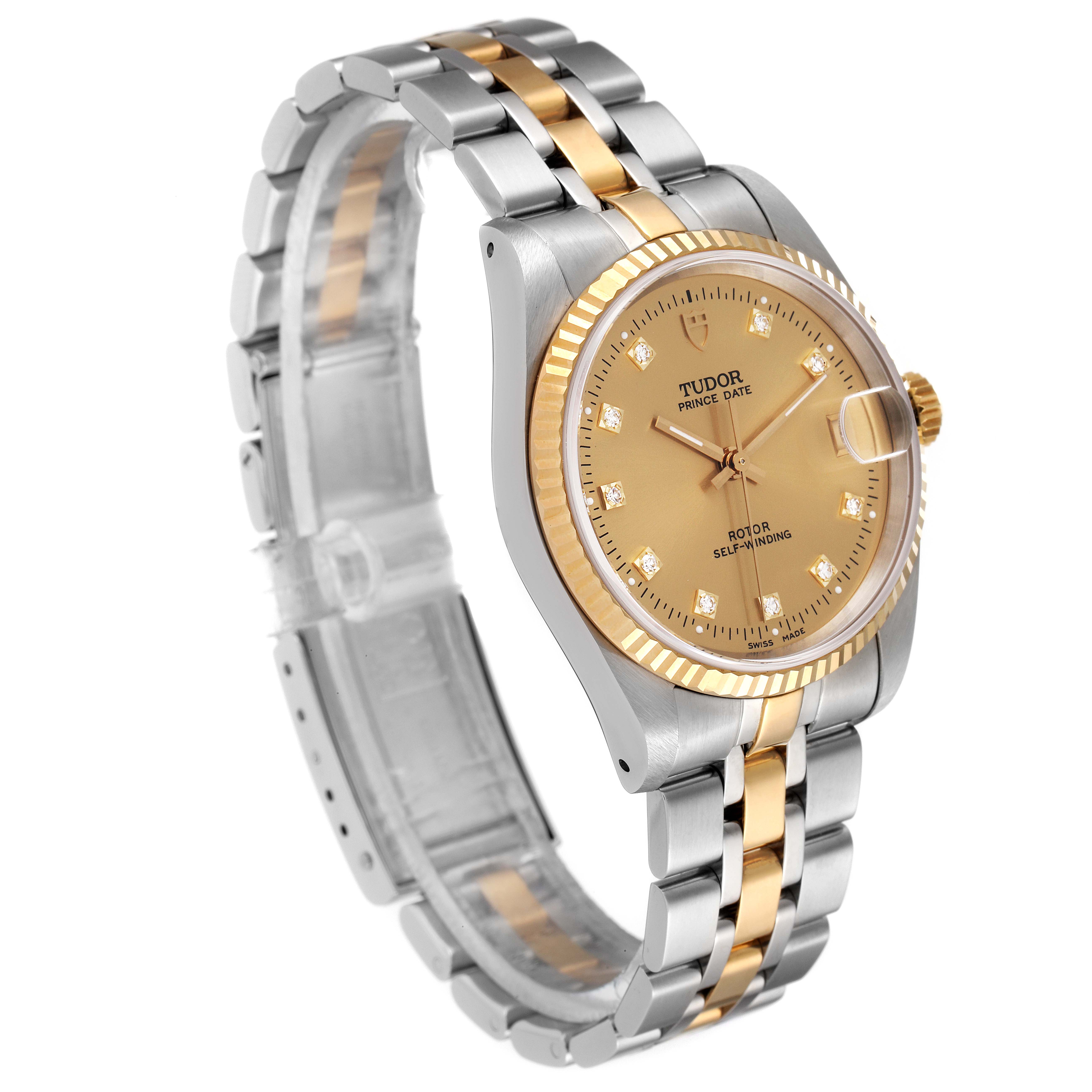 This image shows a Tudor Prince 72033 Men's Steel and Gold (two tone) Champagne Dial 72033 Men's Steel and Gold (two tone) Champagne Dial model watch at a 3/4 angle, displaying its dial, bezel, crown, and bracelet.