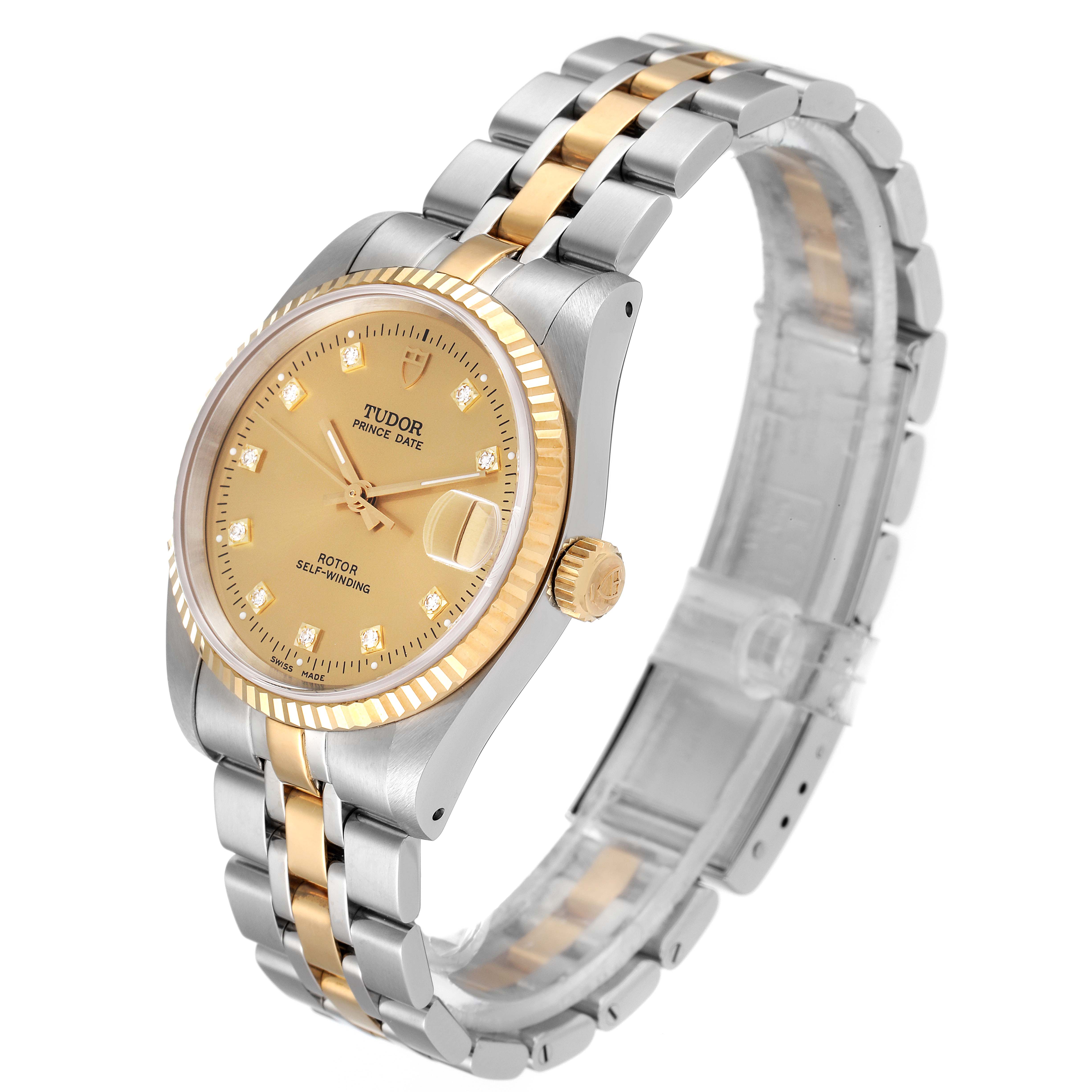 The image shows a Tudor Prince 72033 Men's Steel and Gold (two tone) Champagne Dial 72033 Men's Steel and Gold (two tone) Champagne Dial watch at a slight angle, featuring its gold dial, fluted bezel, and two-tone bracelet.