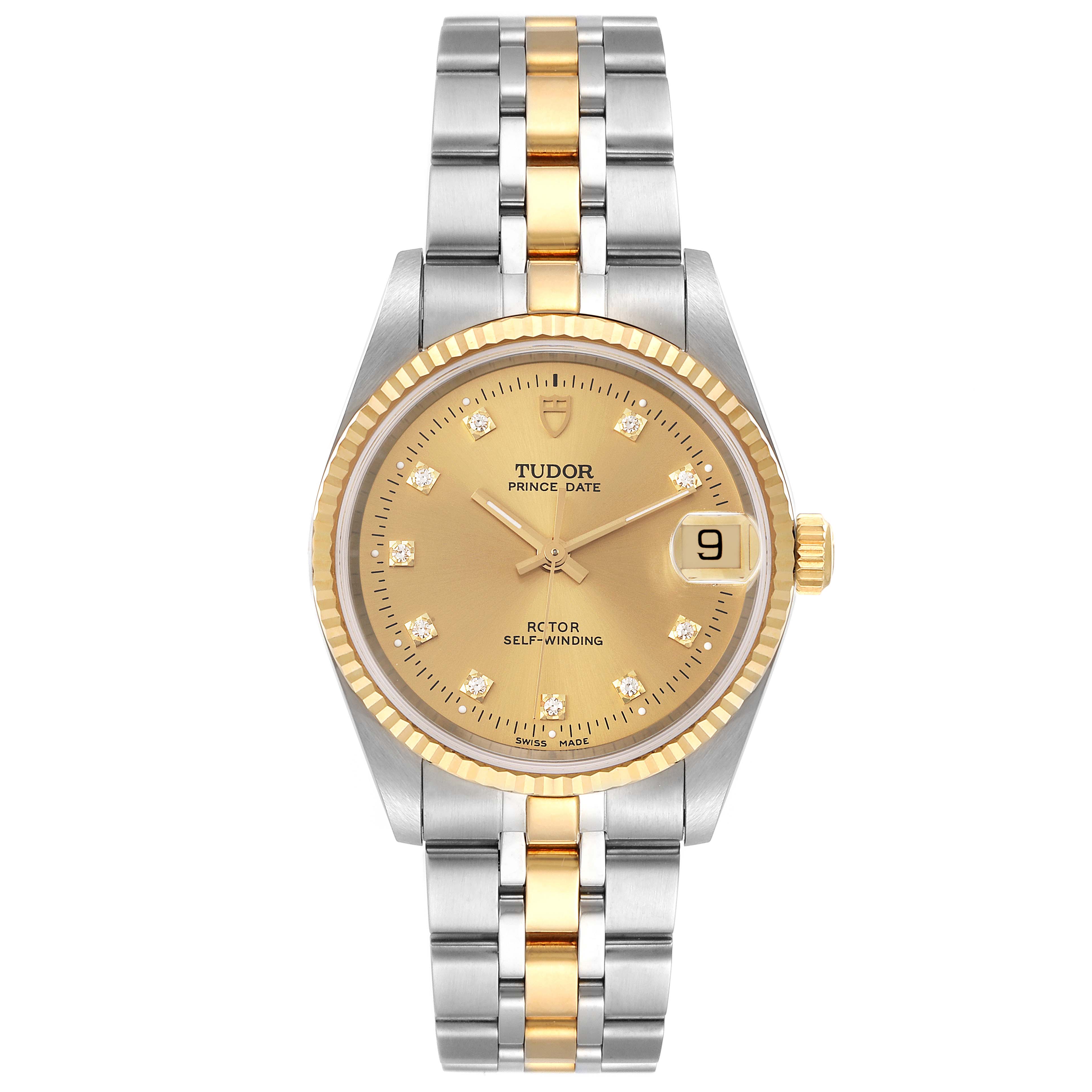 The image shows a front view of the Tudor Prince 72033 Men's Steel and Gold (two tone) Champagne Dial 72033 Men's Steel and Gold (two tone) Champagne Dial Date watch, highlighting the dial, bezel, hands, and bracelet.