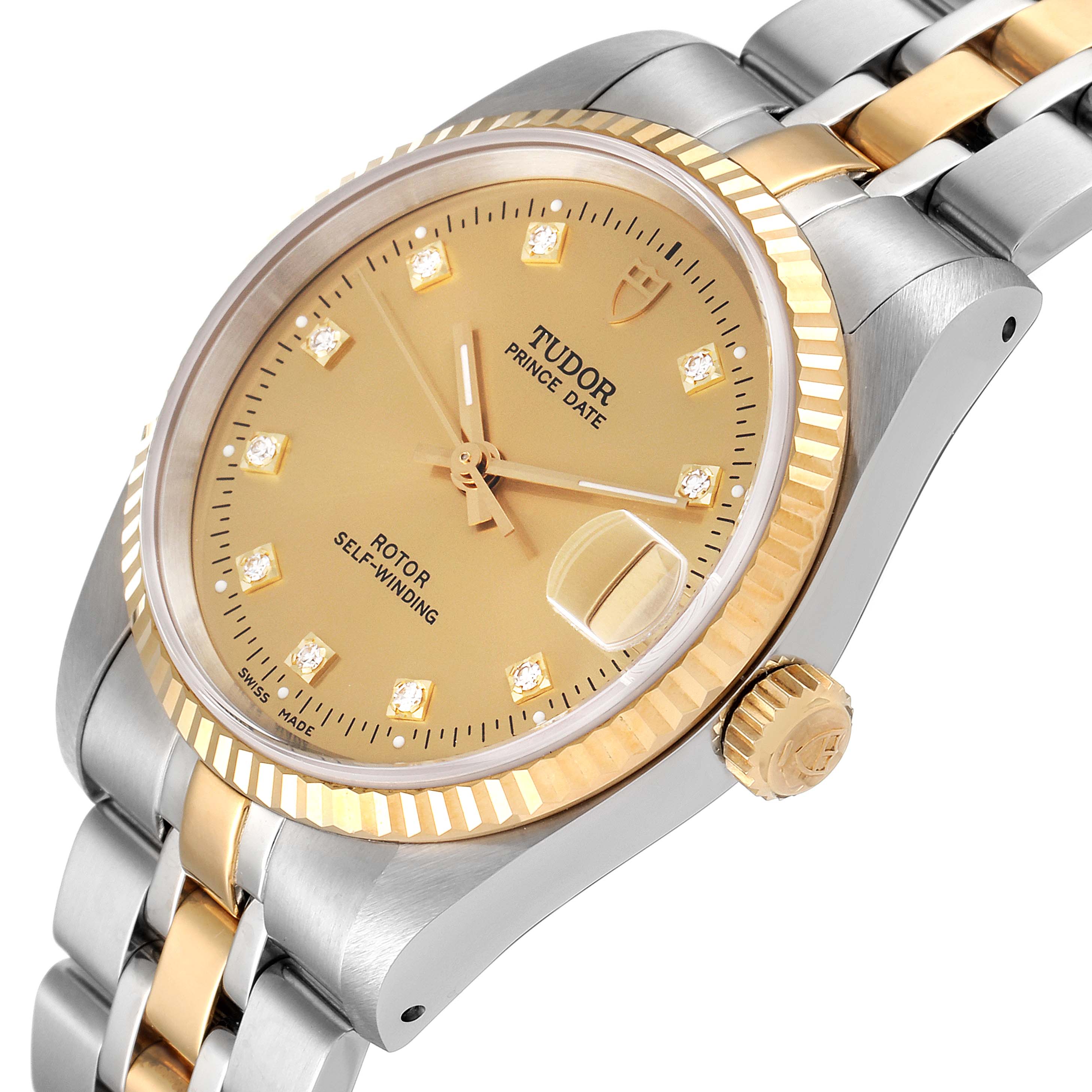 The Tudor Prince 72033 Men's Steel and Gold (two tone) Champagne Dial 72033 Men's Steel and Gold (two tone) Champagne Dial Date watch is shown at a three-quarter angle, highlighting its gold and silver design, dial, bezel, and crown.