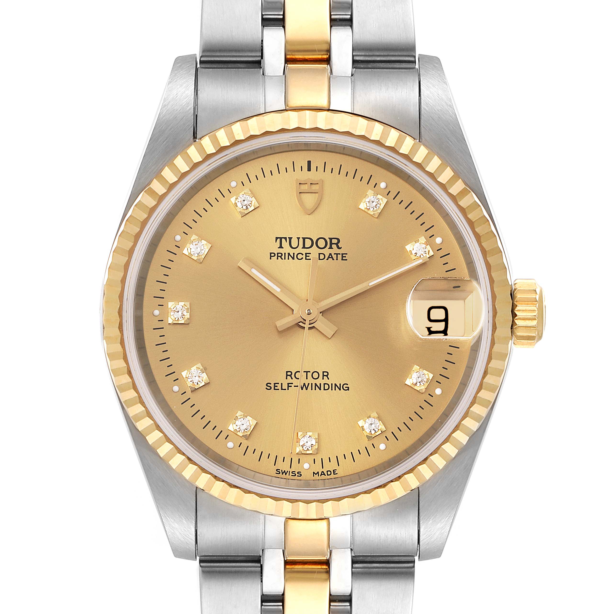 This Tudor Prince 72033 Men's Steel and Gold (two tone) Champagne Dial 72033 Men's Steel and Gold (two tone) Champagne Dial watch is shown from a front angle, displaying its dial, bezel, hands, date window, and bracelet.