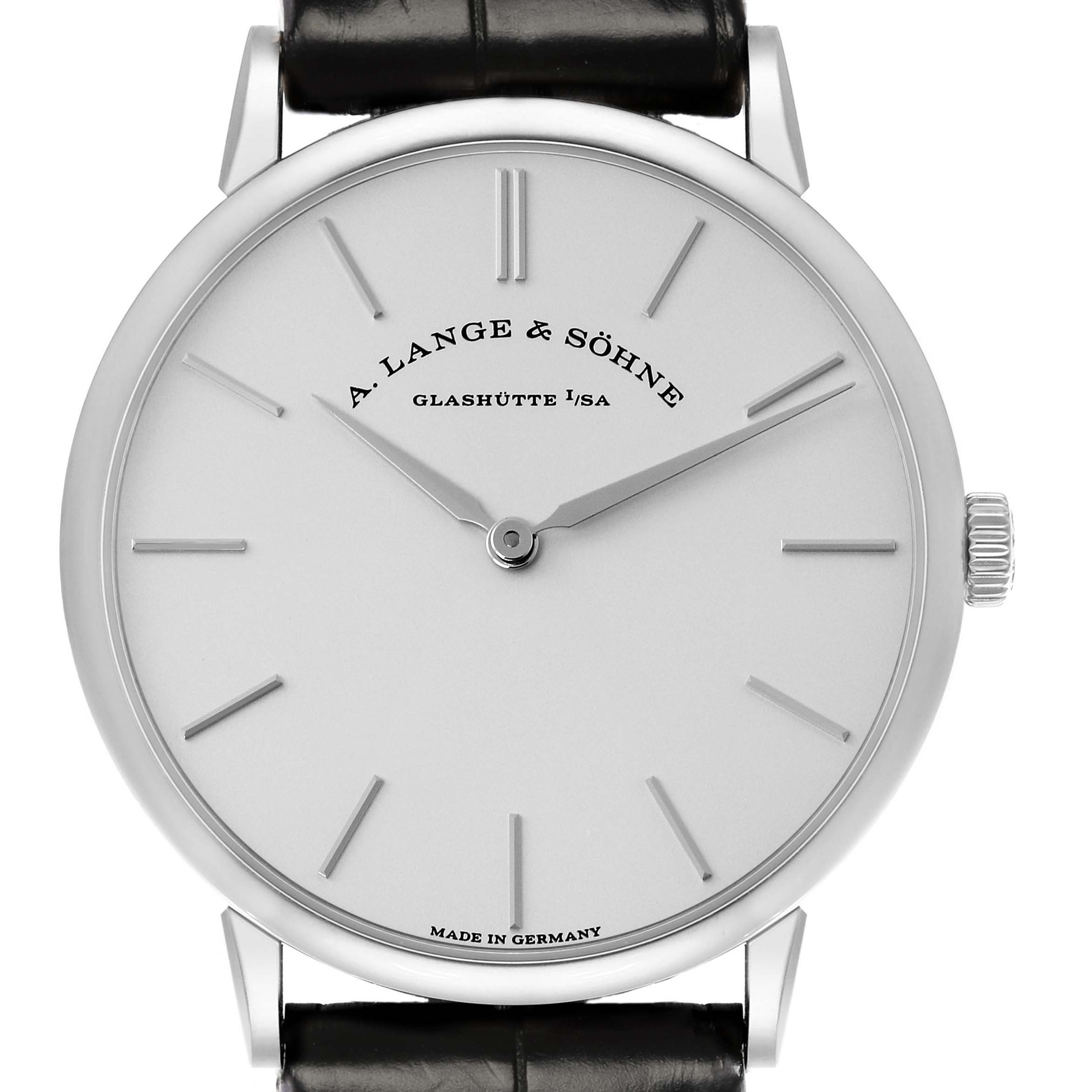 The image shows a front view of the A. Lange & Söhne Saxonia, model number 201.027, featuring its dial, hands, crown, and leather strap.