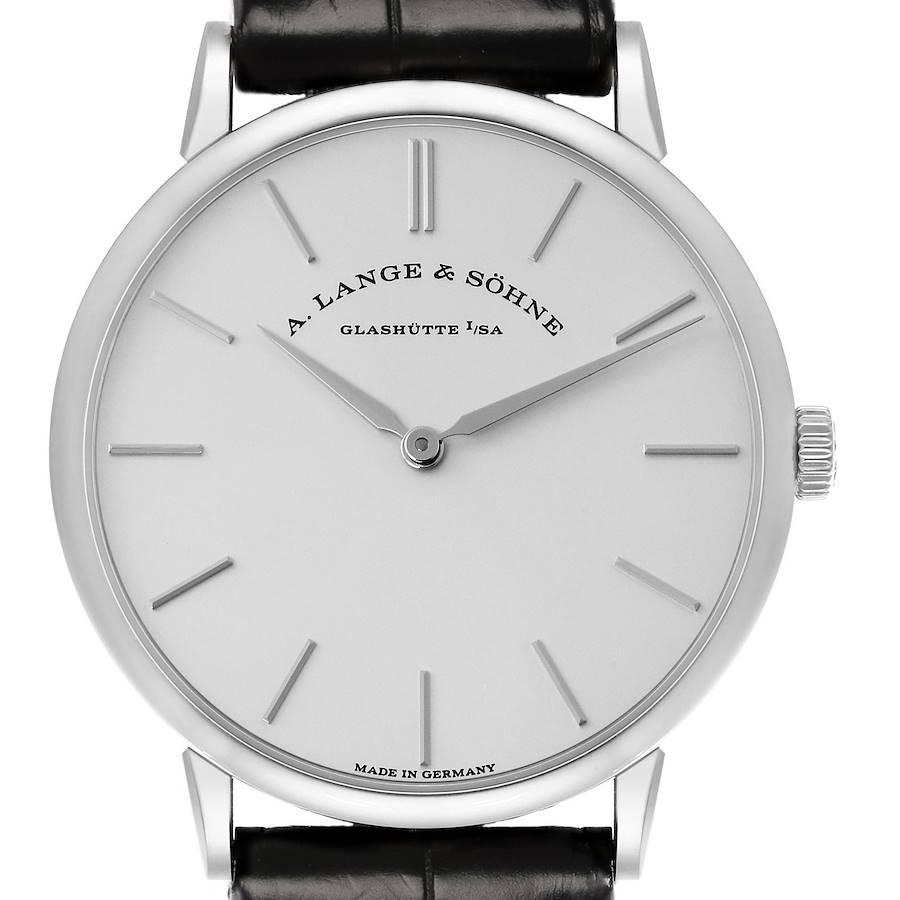 The image shows a front view of the A. Lange & Söhne Saxonia, model number 201.027, featuring its dial, hands, crown, and leather strap.