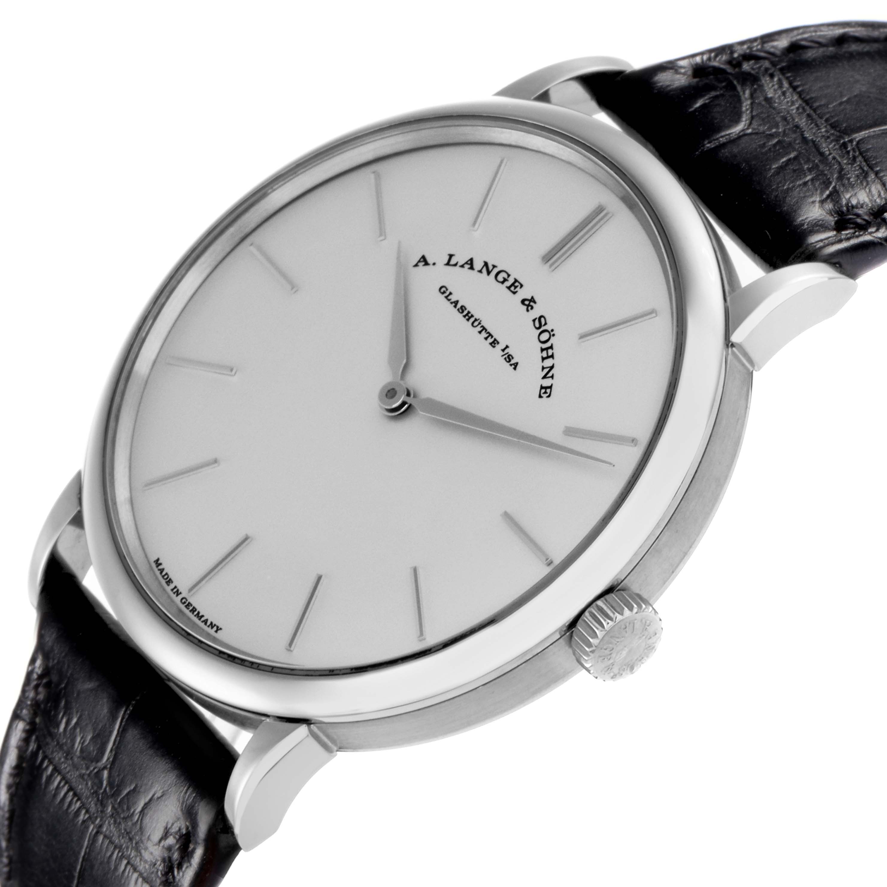 The image shows a side view of the A. Lange & Söhne Saxonia model 201.027 watch, displaying the dial, case, crown, and part of the strap.