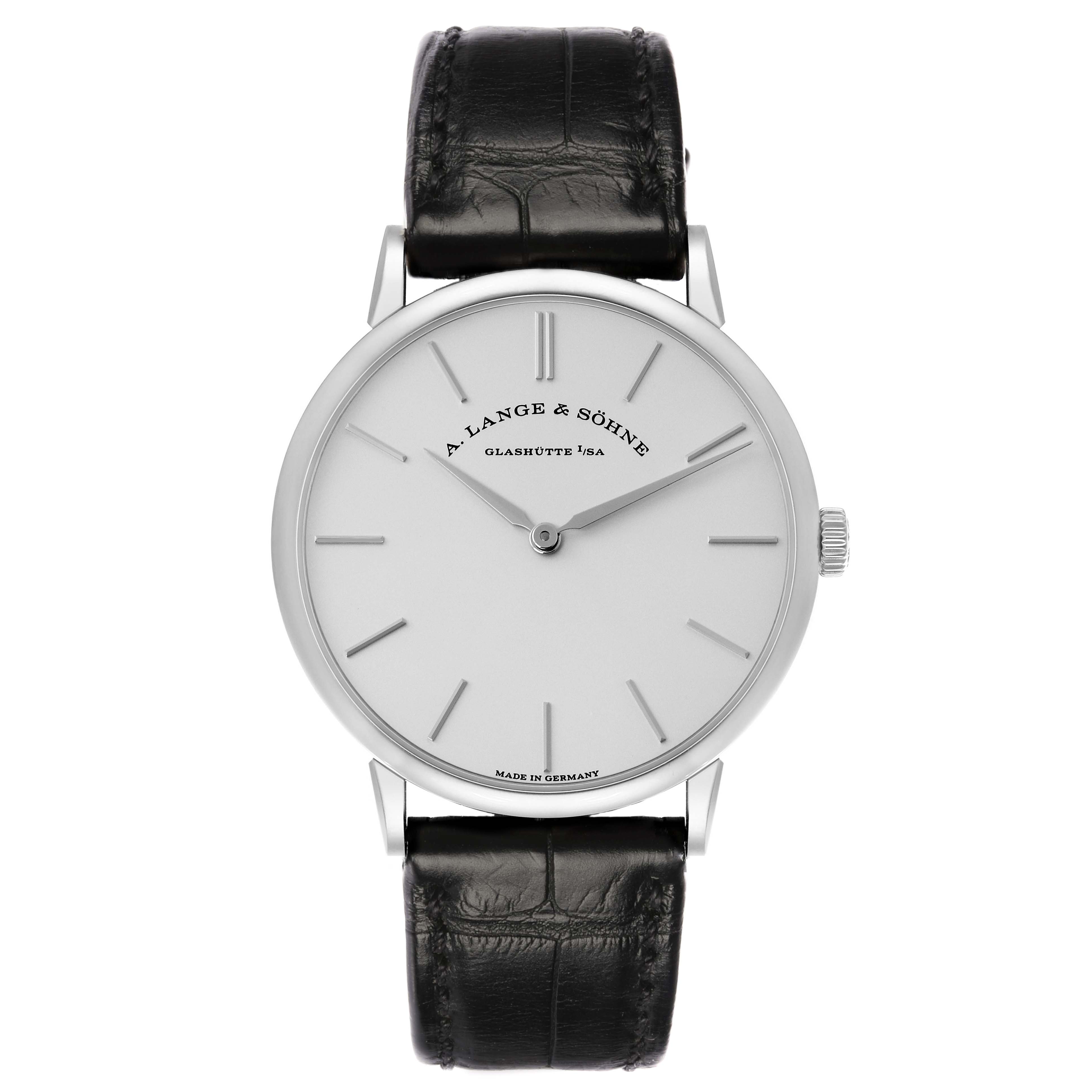 The A. Lange & Söhne Saxonia model 201.027 men's watch is shown from a straight-on angle, displaying the dial, case, crown, and leather strap.