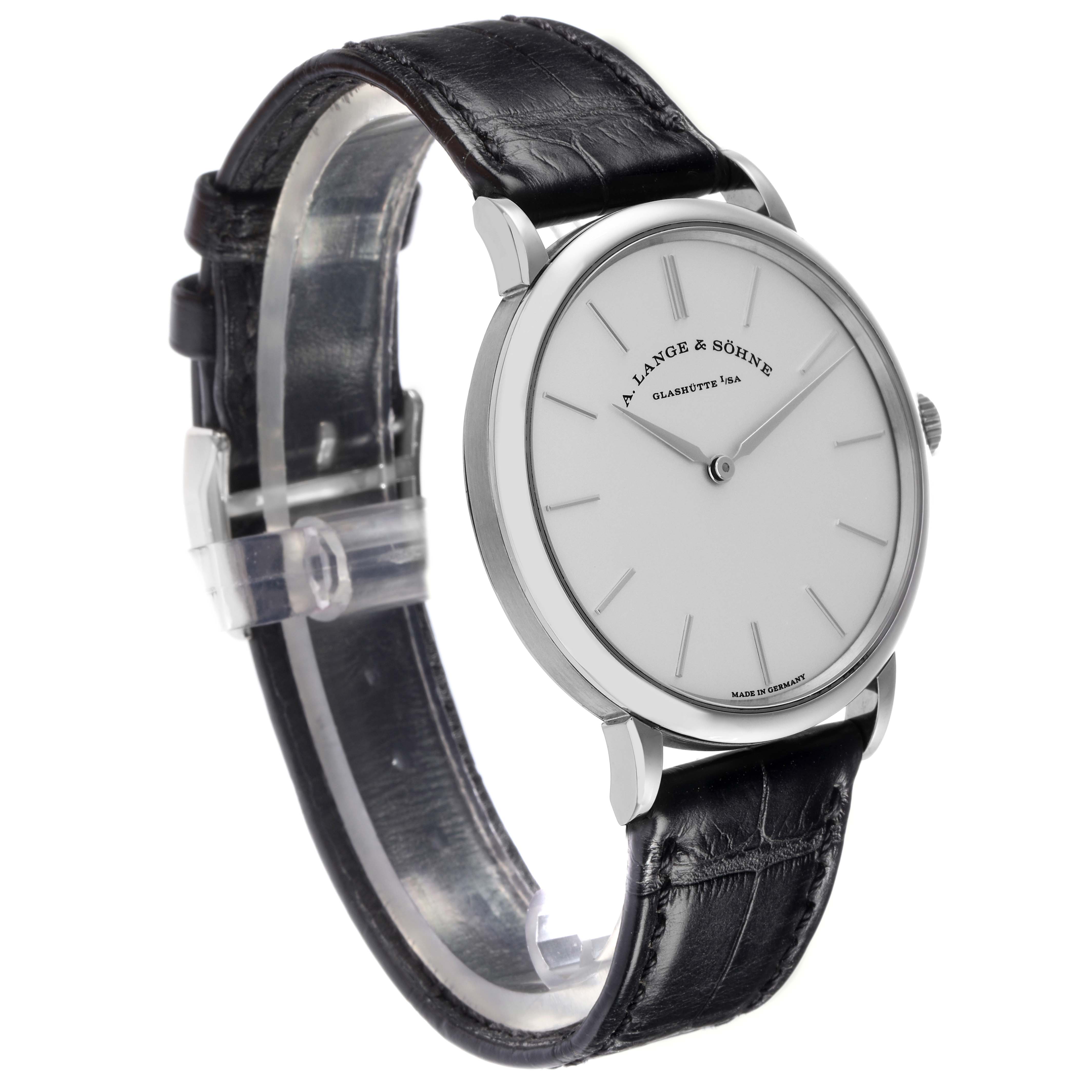 The image shows a side angle of the A. Lange & Söhne Saxonia model 201.027 men's watch, highlighting the dial, case, and leather strap.